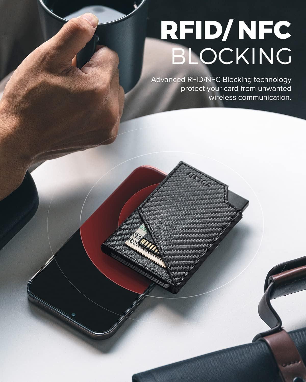 image:imageVULKIT Pop up Card Wallet RFID Blocking Slim Aluminum Metal Bank Card Holder Case with Business Money Pocket for Credit Cards Notes and Coins BlackCarbon Fiber Black