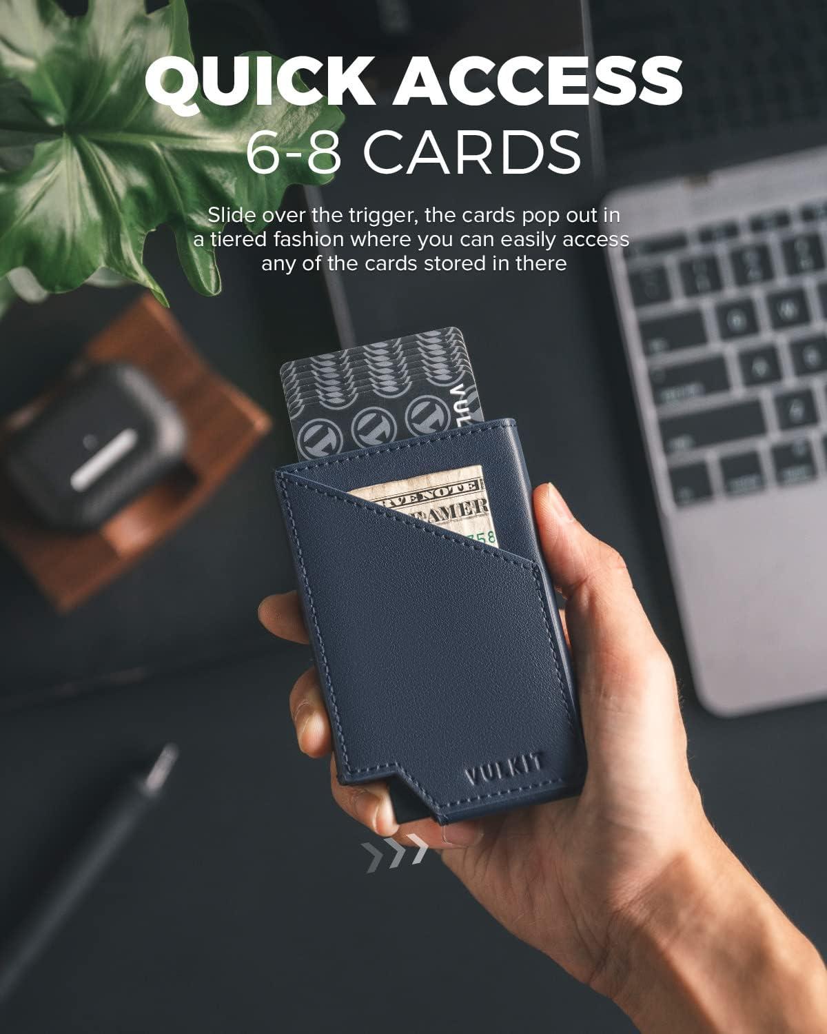 image:imageVULKIT Pop up Card Wallet RFID Blocking Slim Aluminum Metal Bank Card Holder Case with Business Money Pocket for Credit Cards Notes and Coins BlackNavy