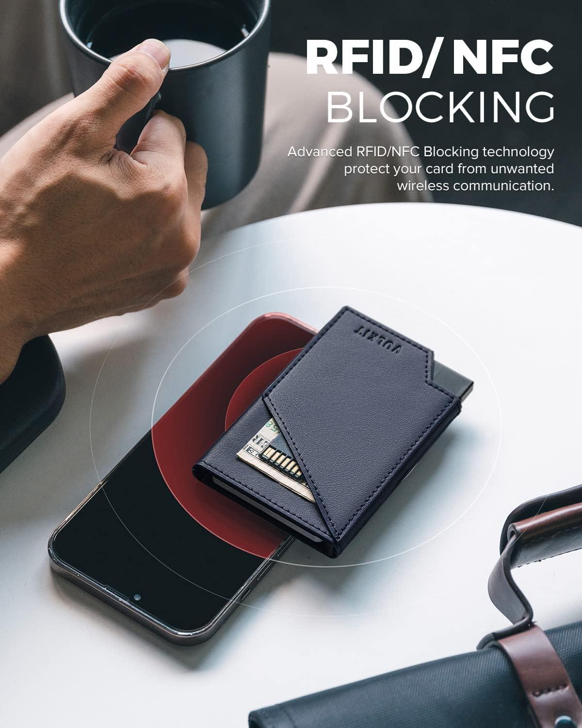 image:imageVULKIT Pop up Card Wallet RFID Blocking Slim Aluminum Metal Bank Card Holder Case with Business Money Pocket for Credit Cards Notes and Coins BlackNavy