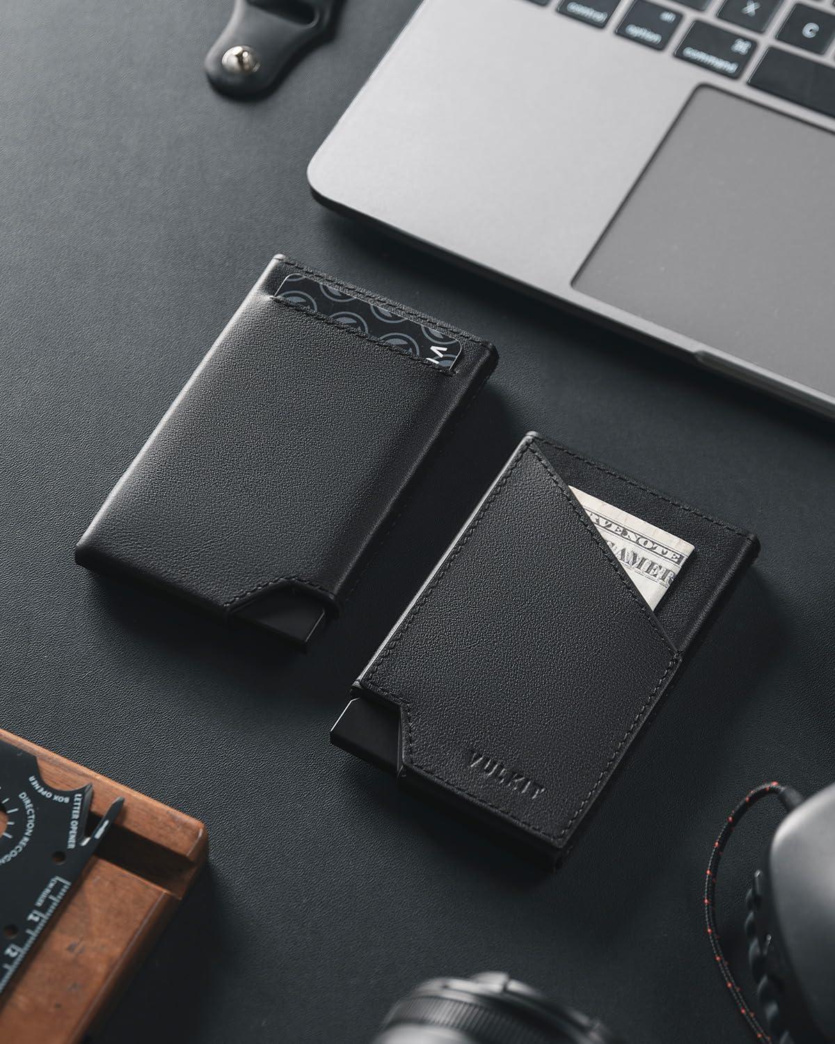 image:imageVULKIT Pop up Card Wallet RFID Blocking Slim Aluminum Metal Bank Card Holder Case with Business Money Pocket for Credit Cards Notes and Coins BlackTopGrain Cowhide Black
