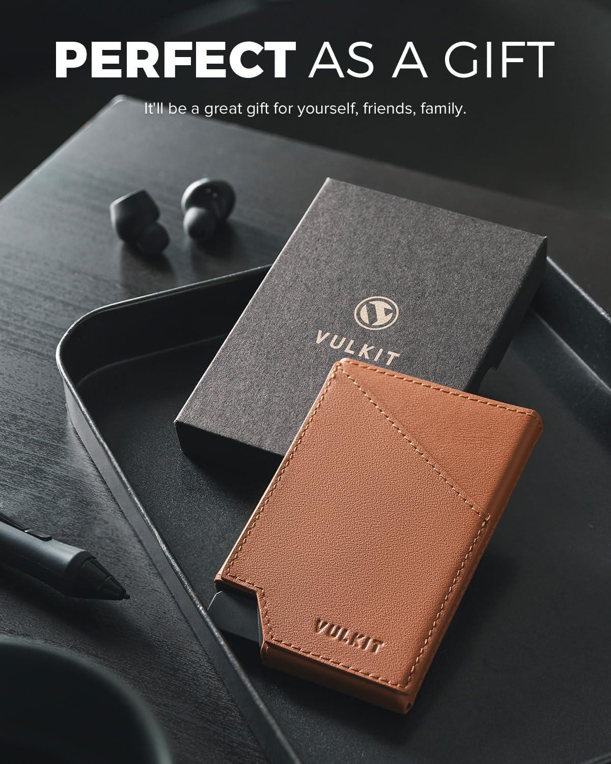 image:imageVULKIT Pop up Card Wallet RFID Blocking Slim Aluminum Metal Bank Card Holder Case with Business Money Pocket for Credit Cards Notes and Coins BlackTopGrain Cowhide Brown