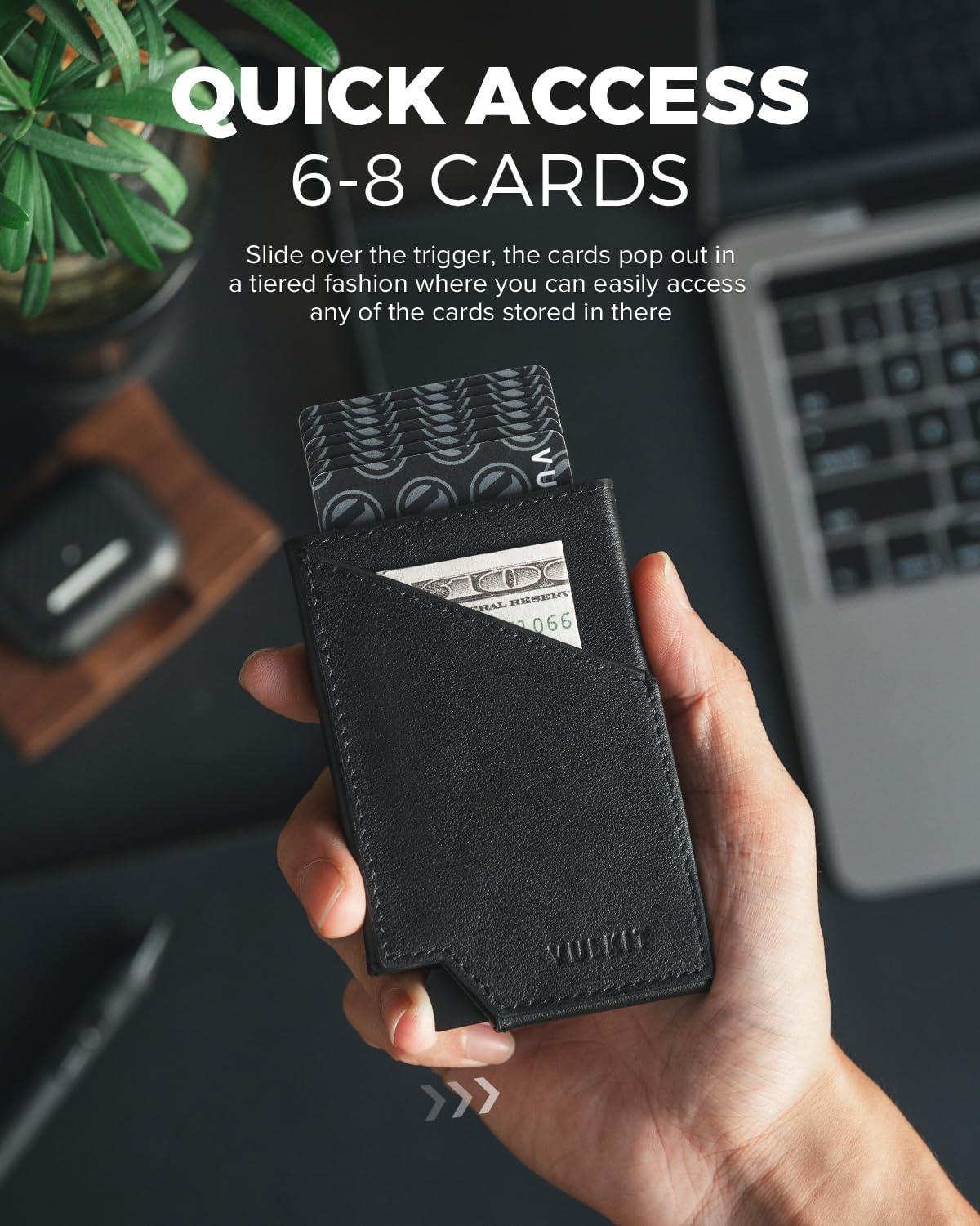image:imageVULKIT Pop up Card Wallet RFID Blocking Slim Aluminum Metal Bank Card Holder Case with Business Money Pocket for Credit Cards Notes and Coins BlackTopGrain Cowhide Black
