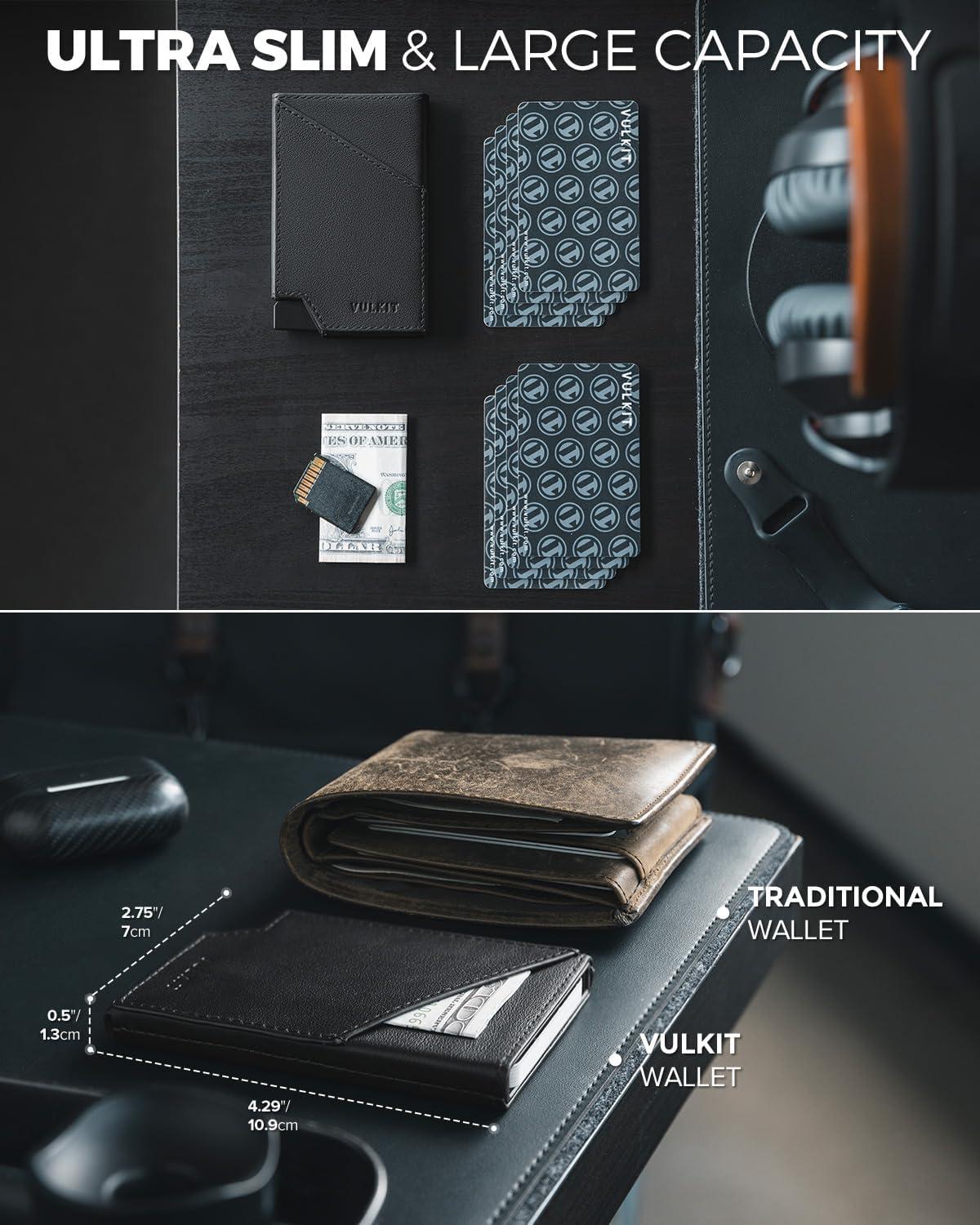 image:imageVULKIT Pop up Card Wallet RFID Blocking Slim Aluminum Metal Bank Card Holder Case with Business Money Pocket for Credit Cards Notes and Coins BlackTopGrain Cowhide Black