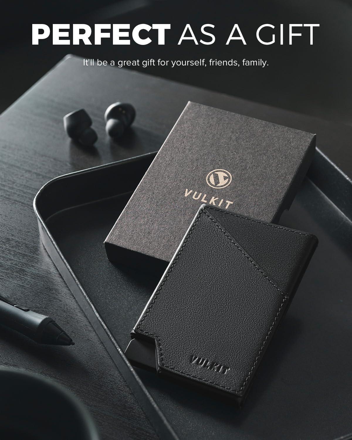 image:imageVULKIT Pop up Card Wallet RFID Blocking Slim Aluminum Metal Bank Card Holder Case with Business Money Pocket for Credit Cards Notes and Coins BlackTopGrain Cowhide Black