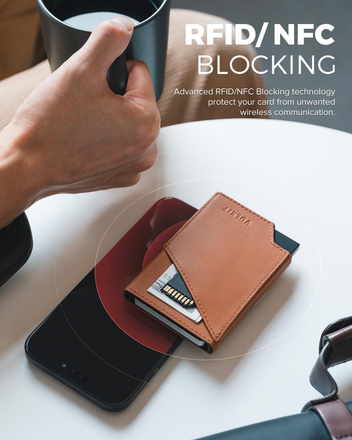 image:imageVULKIT Pop up Card Wallet RFID Blocking Slim Aluminum Metal Bank Card Holder Case with Business Money Pocket for Credit Cards Notes and Coins BlackTopGrain Cowhide Brown