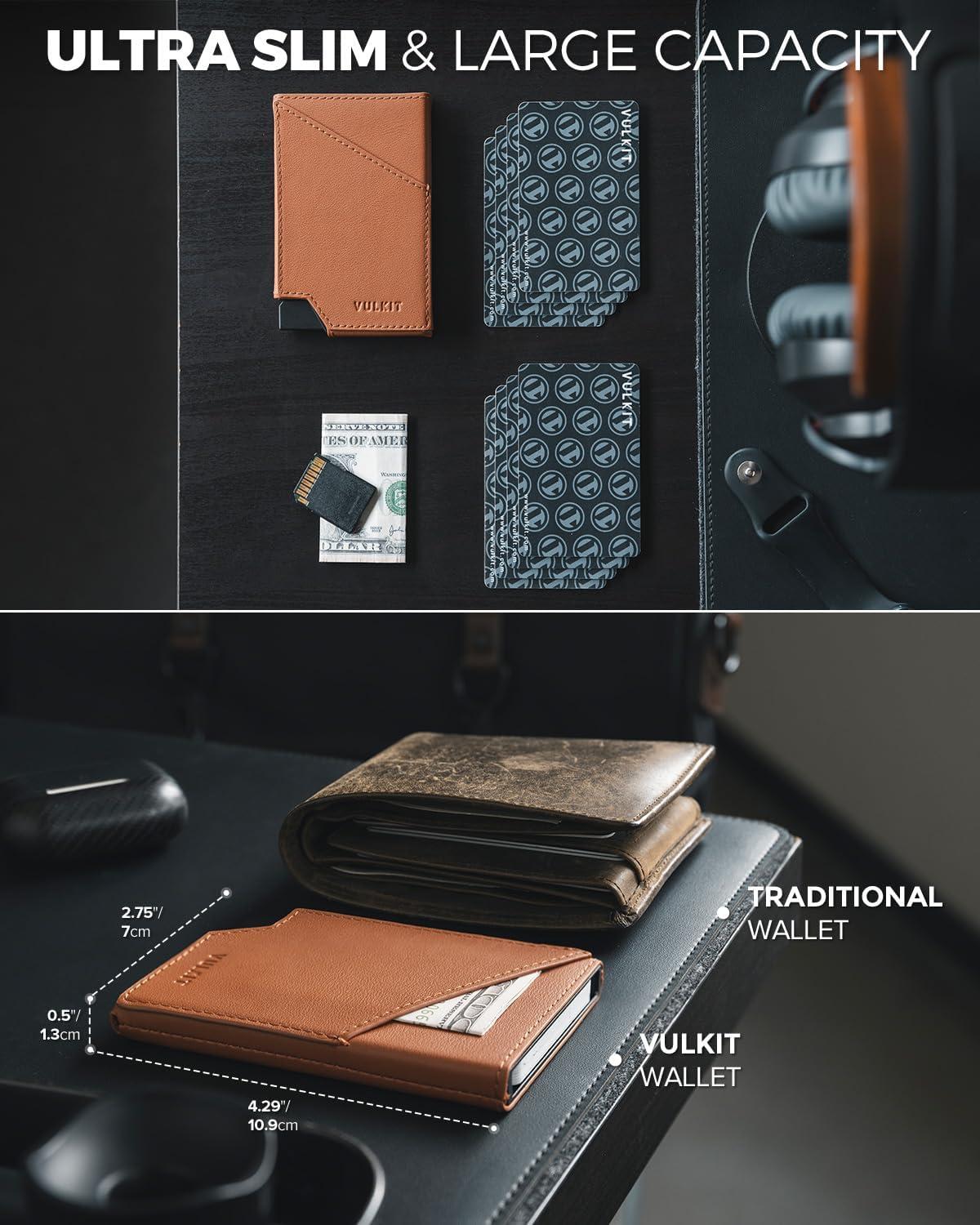 image:imageVULKIT Pop up Card Wallet RFID Blocking Slim Aluminum Metal Bank Card Holder Case with Business Money Pocket for Credit Cards Notes and Coins BlackTopGrain Cowhide Brown