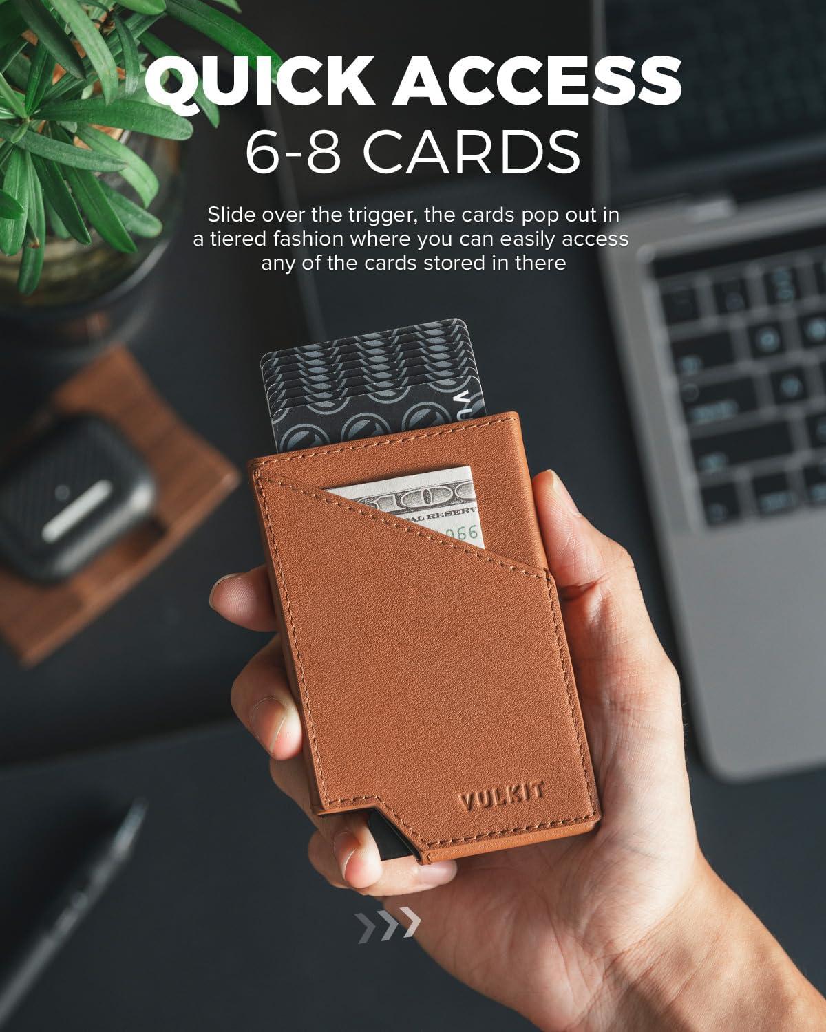 image:imageVULKIT Pop up Card Wallet RFID Blocking Slim Aluminum Metal Bank Card Holder Case with Business Money Pocket for Credit Cards Notes and Coins BlackTopGrain Cowhide Brown