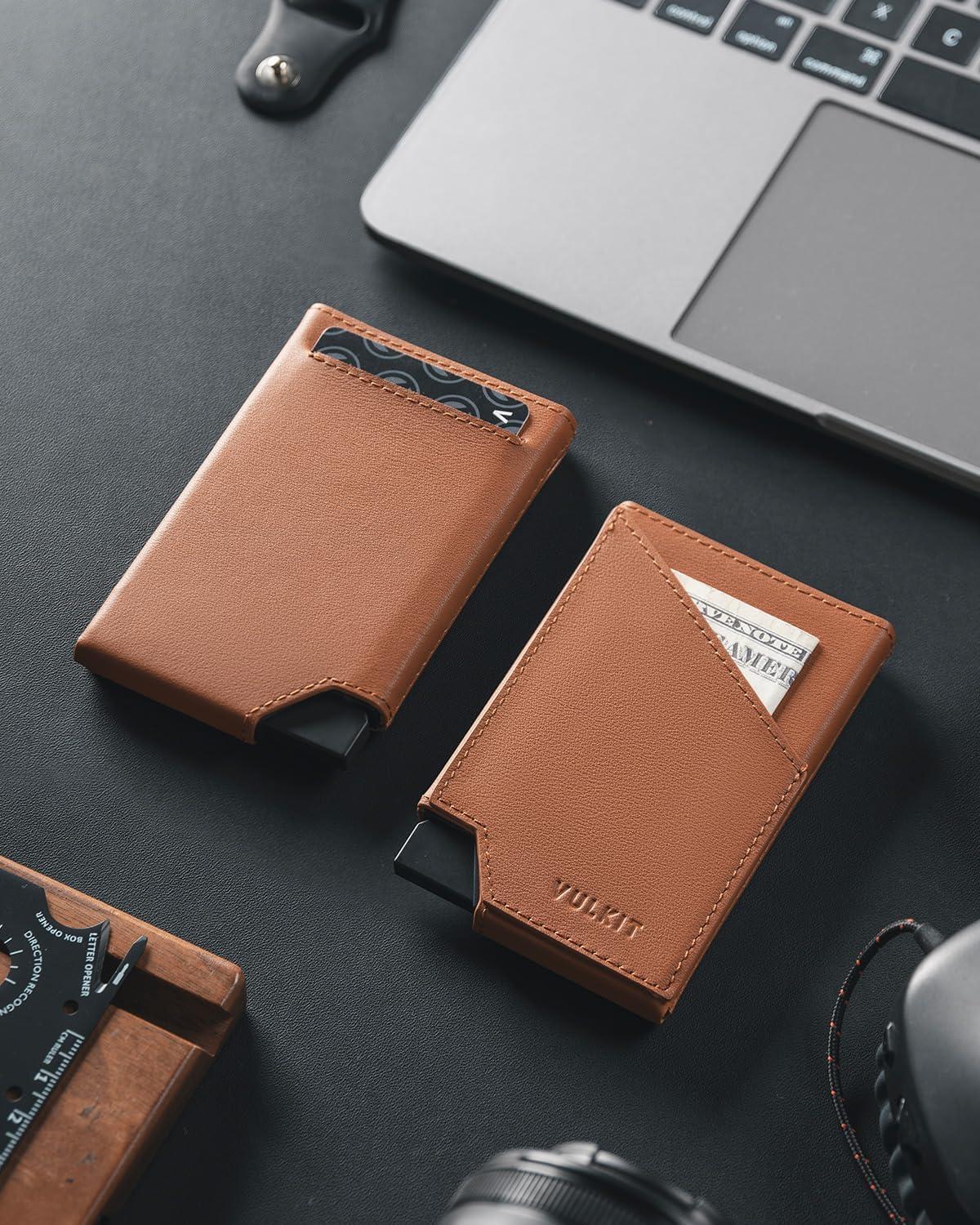 image:imageVULKIT Pop up Card Wallet RFID Blocking Slim Aluminum Metal Bank Card Holder Case with Business Money Pocket for Credit Cards Notes and Coins BlackTopGrain Cowhide Brown