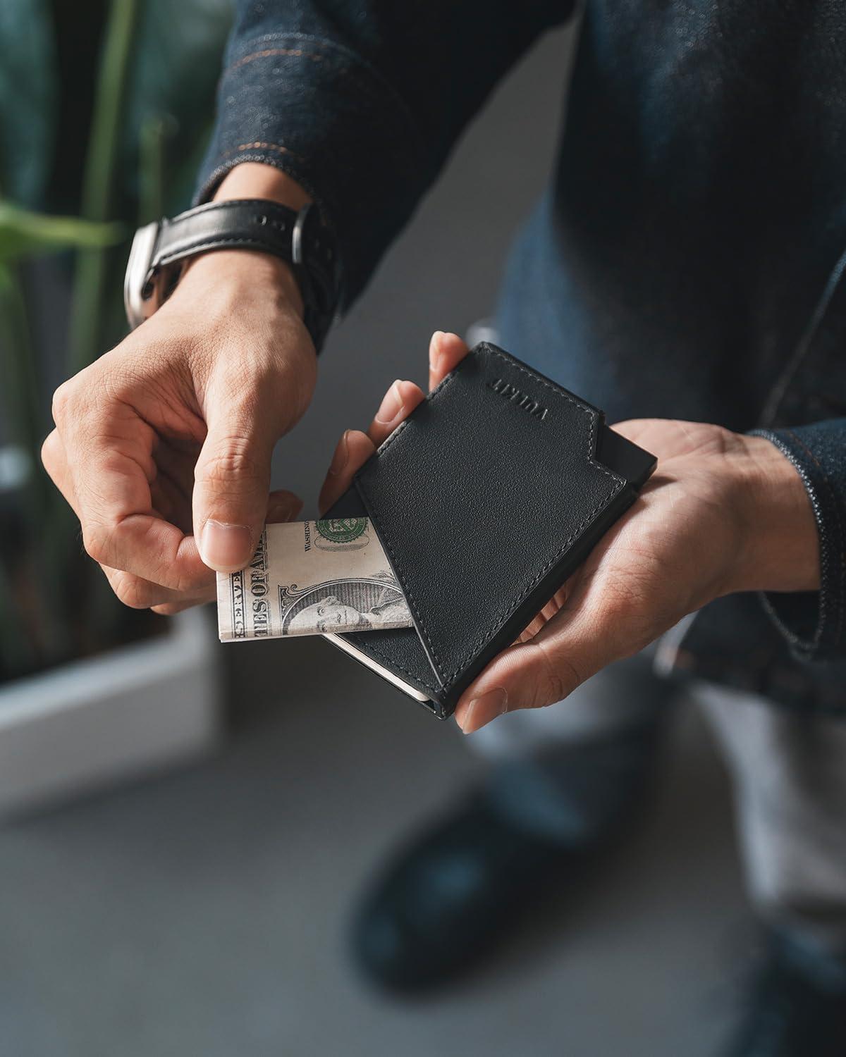 image:imageVULKIT Pop up Card Wallet RFID Blocking Slim Aluminum Metal Bank Card Holder Case with Business Money Pocket for Credit Cards Notes and Coins BlackTopGrain Cowhide Black