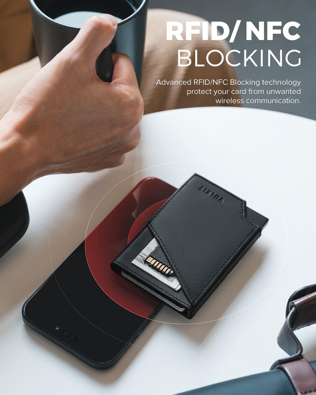 image:imageVULKIT Pop up Card Wallet RFID Blocking Slim Aluminum Metal Bank Card Holder Case with Business Money Pocket for Credit Cards Notes and Coins BlackTopGrain Cowhide Black