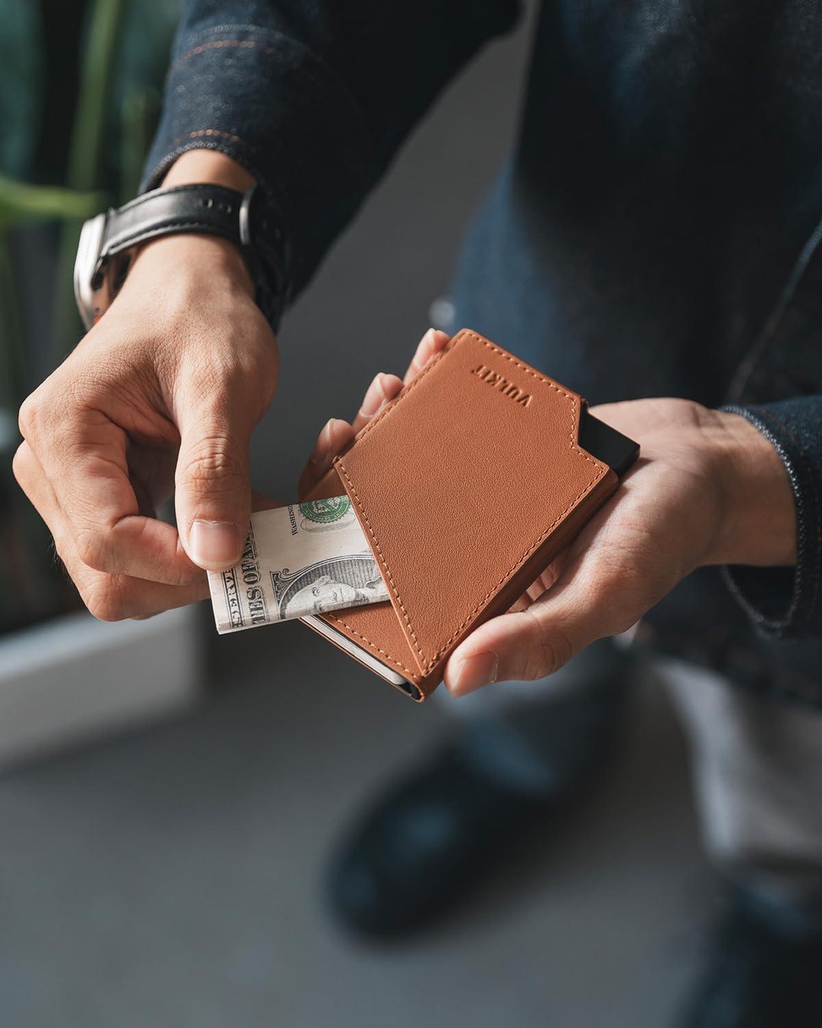 image:imageVULKIT Pop up Card Wallet RFID Blocking Slim Aluminum Metal Bank Card Holder Case with Business Money Pocket for Credit Cards Notes and Coins BlackTopGrain Cowhide Brown