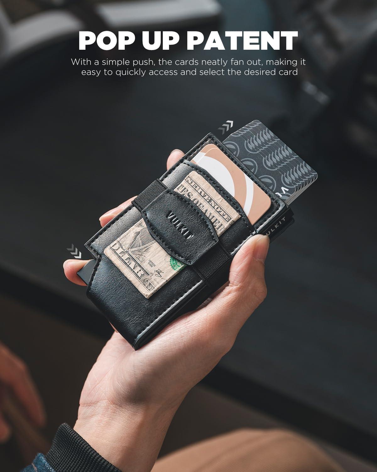 image:imageVULKIT Pop up Card Wallet with Money Strap Leather Front Pocket Card Holder with ID Window RFID Blocking Business Card Case for Men EspressoBlack
