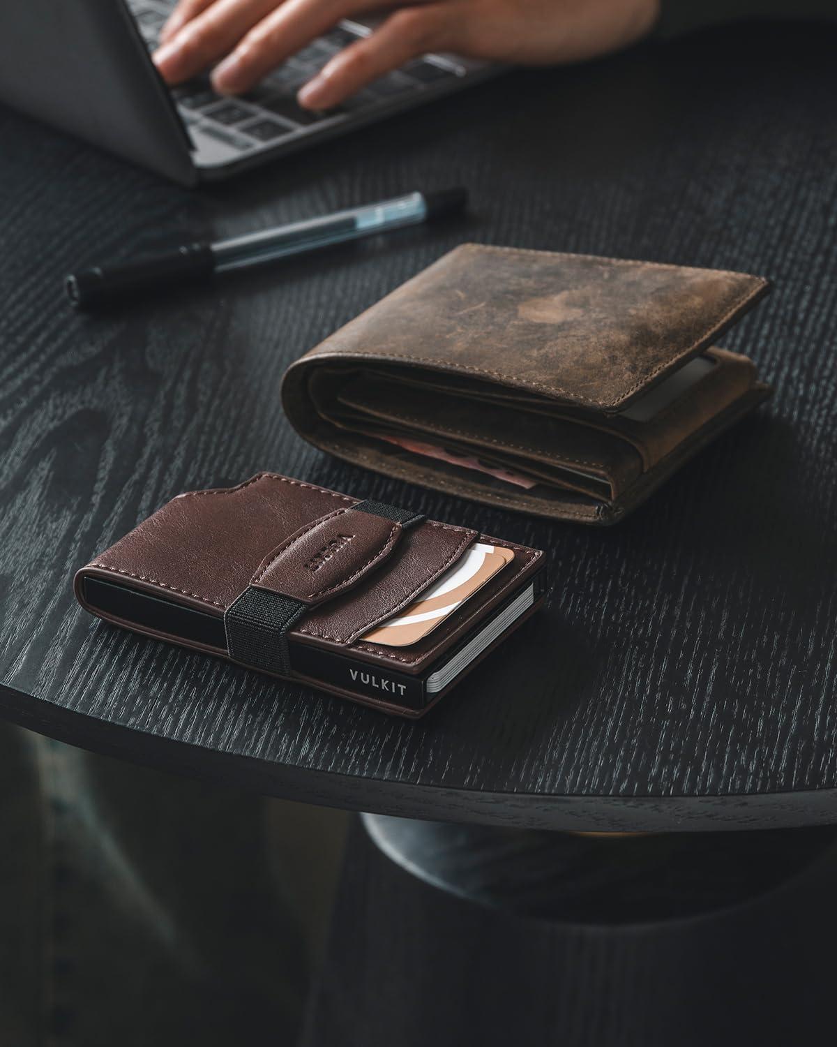 image:imageVULKIT Pop up Card Wallet with Money Strap Leather Front Pocket Card Holder with ID Window RFID Blocking Business Card Case for Men EspressoEspresso