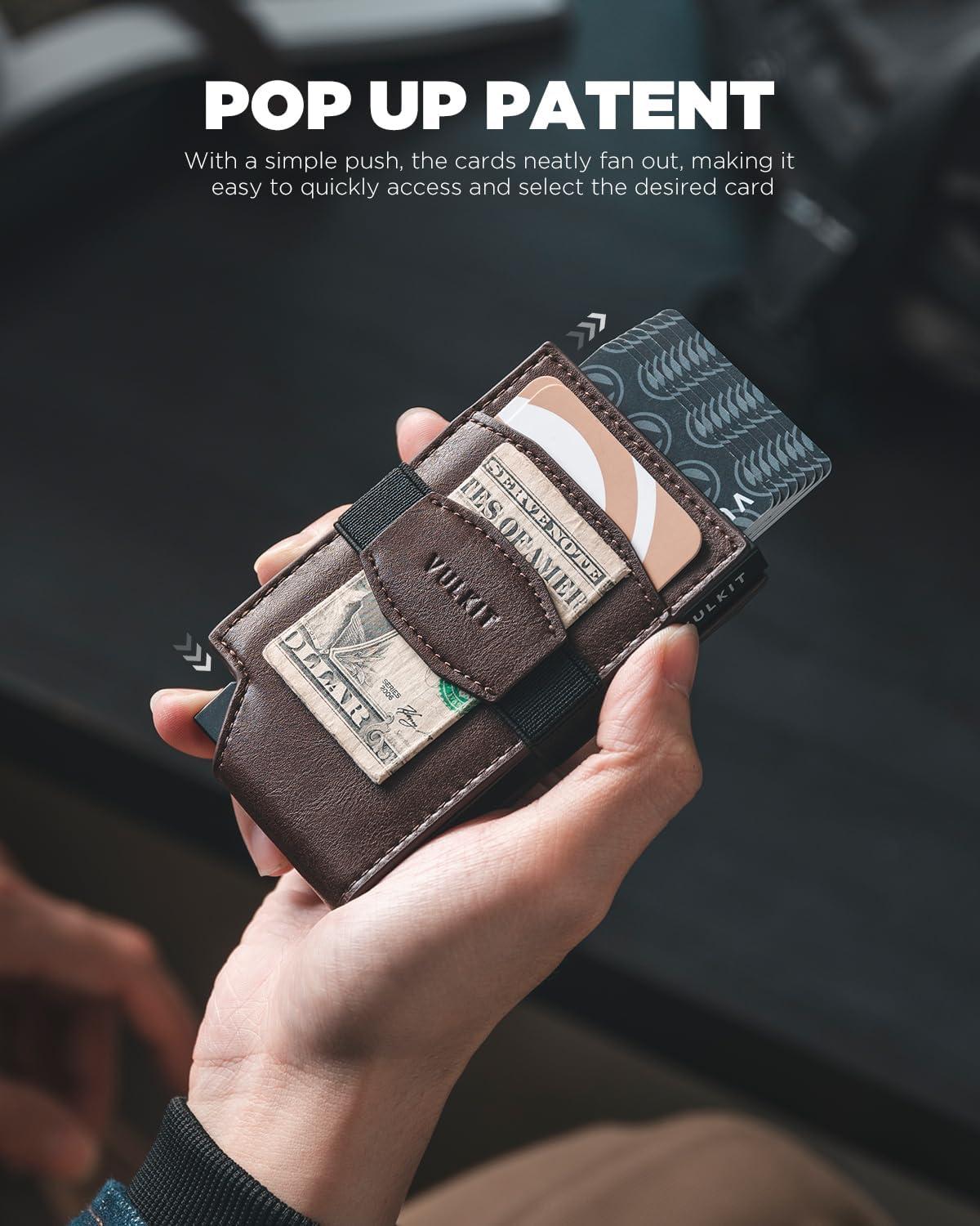 image:imageVULKIT Pop up Card Wallet with Money Strap Leather Front Pocket Card Holder with ID Window RFID Blocking Business Card Case for Men EspressoEspresso