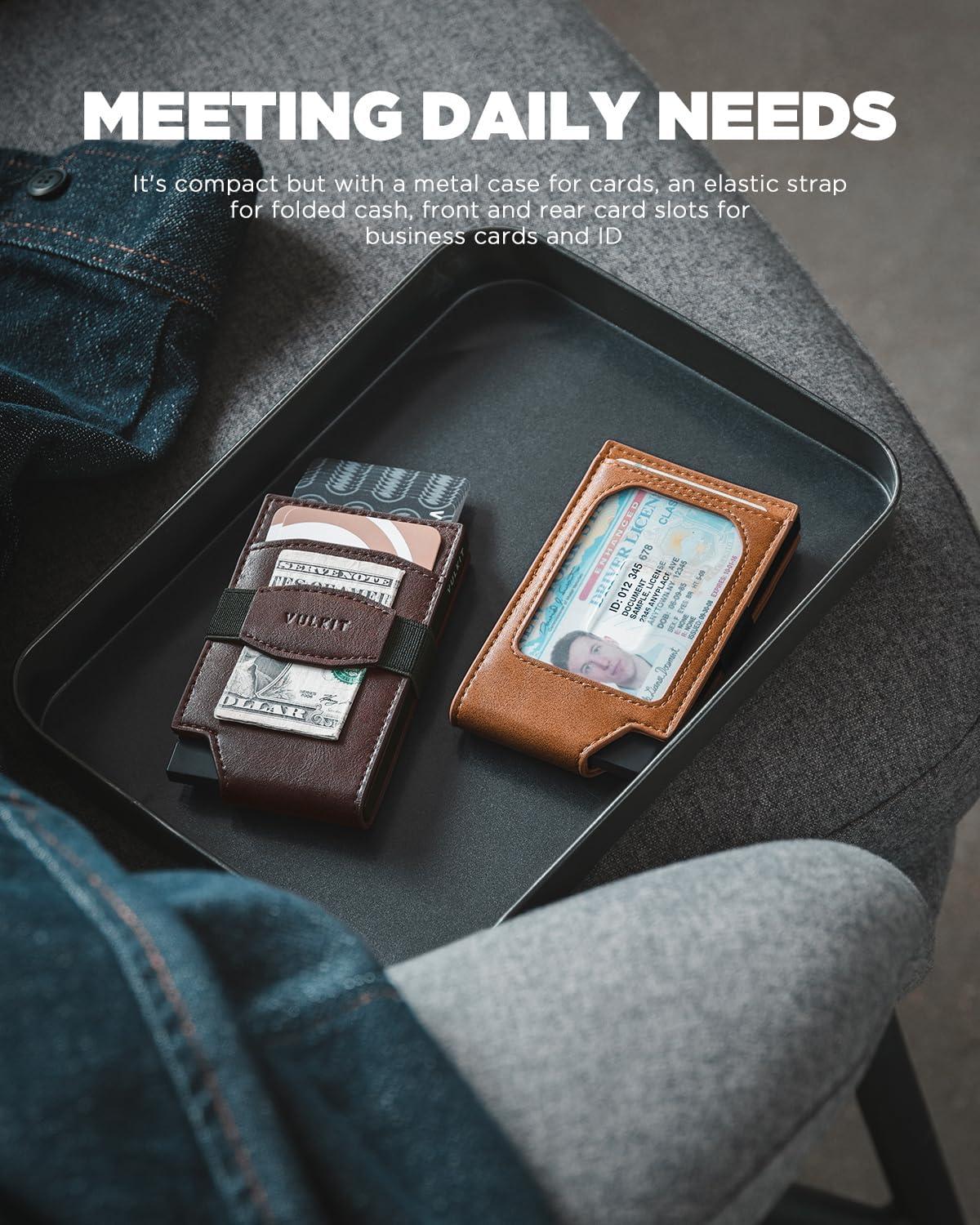 image:imageVULKIT Pop up Card Wallet with Money Strap Leather Front Pocket Card Holder with ID Window RFID Blocking Business Card Case for Men EspressoEspresso
