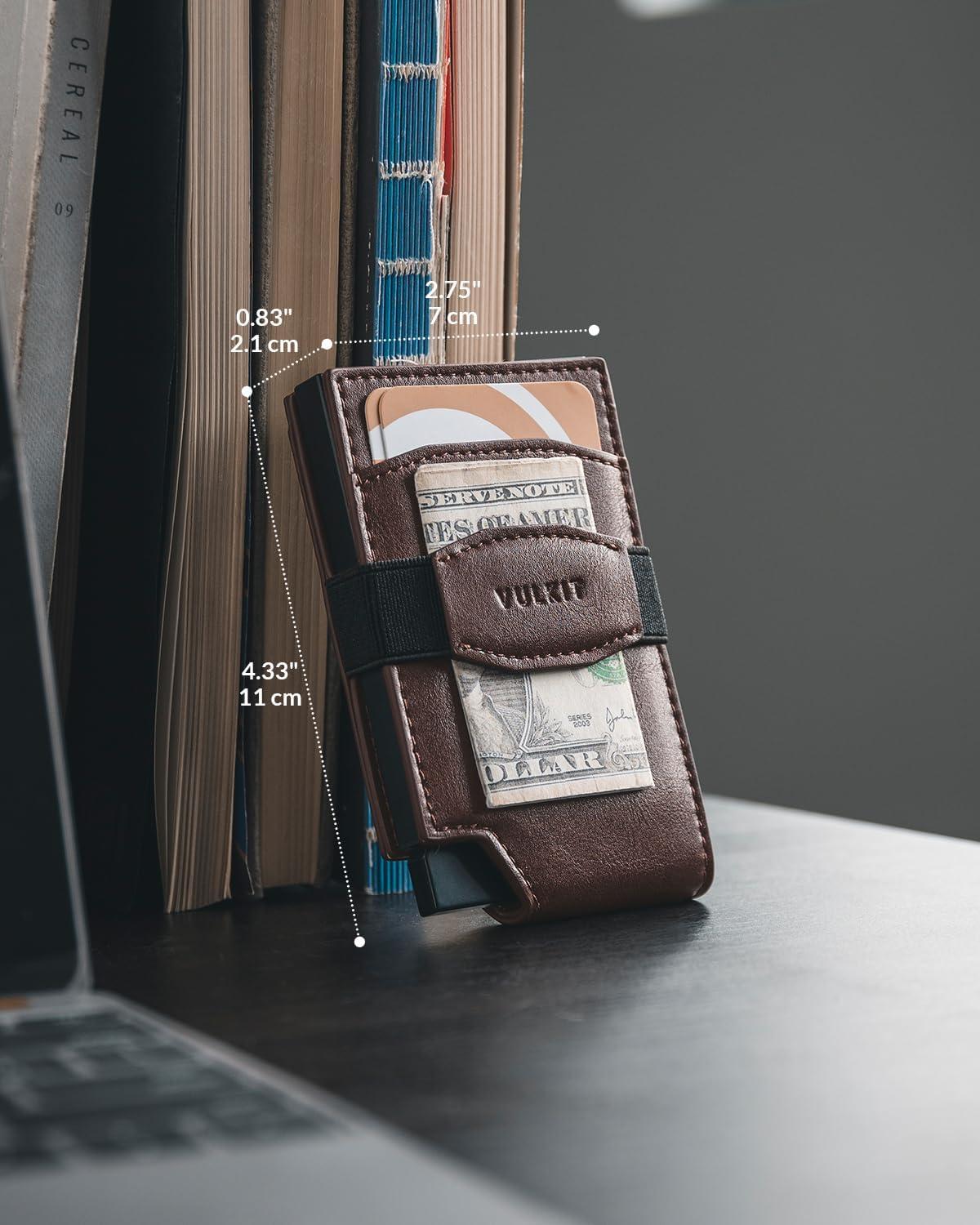 image:imageVULKIT Pop up Card Wallet with Money Strap Leather Front Pocket Card Holder with ID Window RFID Blocking Business Card Case for Men EspressoEspresso