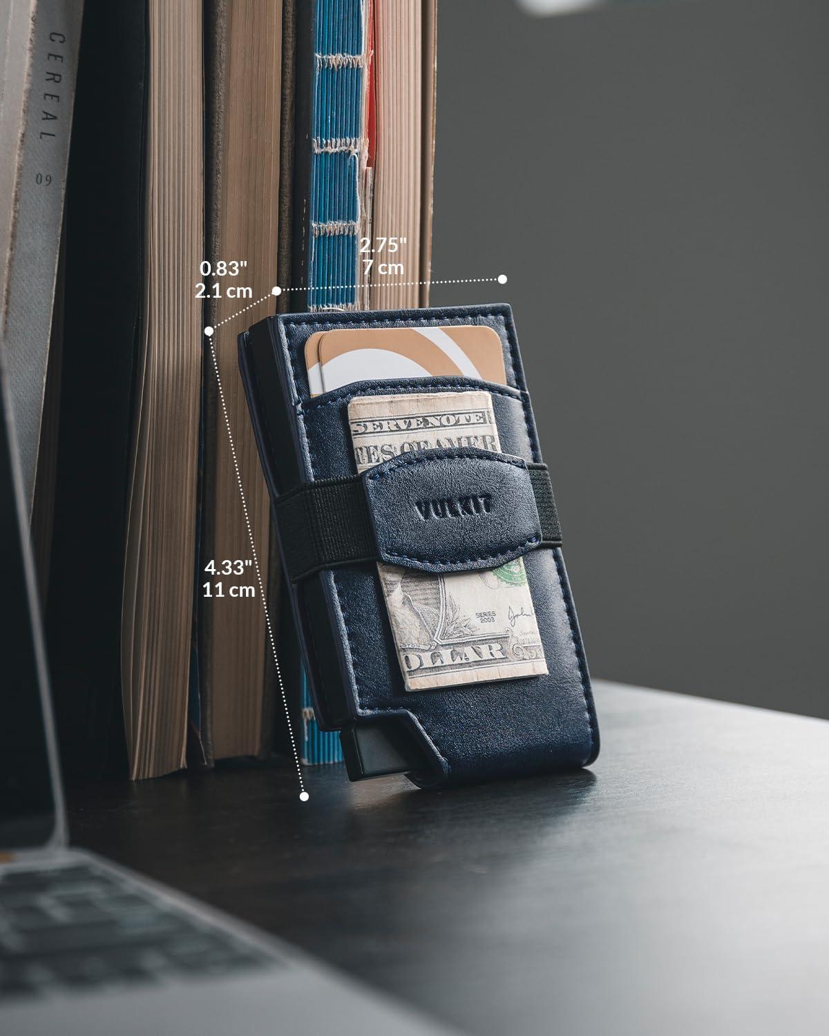 image:imageVULKIT Pop up Card Wallet with Money Strap Leather Front Pocket Card Holder with ID Window RFID Blocking Business Card Case for Men EspressoNavy