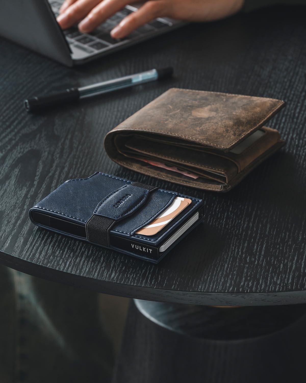 image:imageVULKIT Pop up Card Wallet with Money Strap Leather Front Pocket Card Holder with ID Window RFID Blocking Business Card Case for Men EspressoNavy