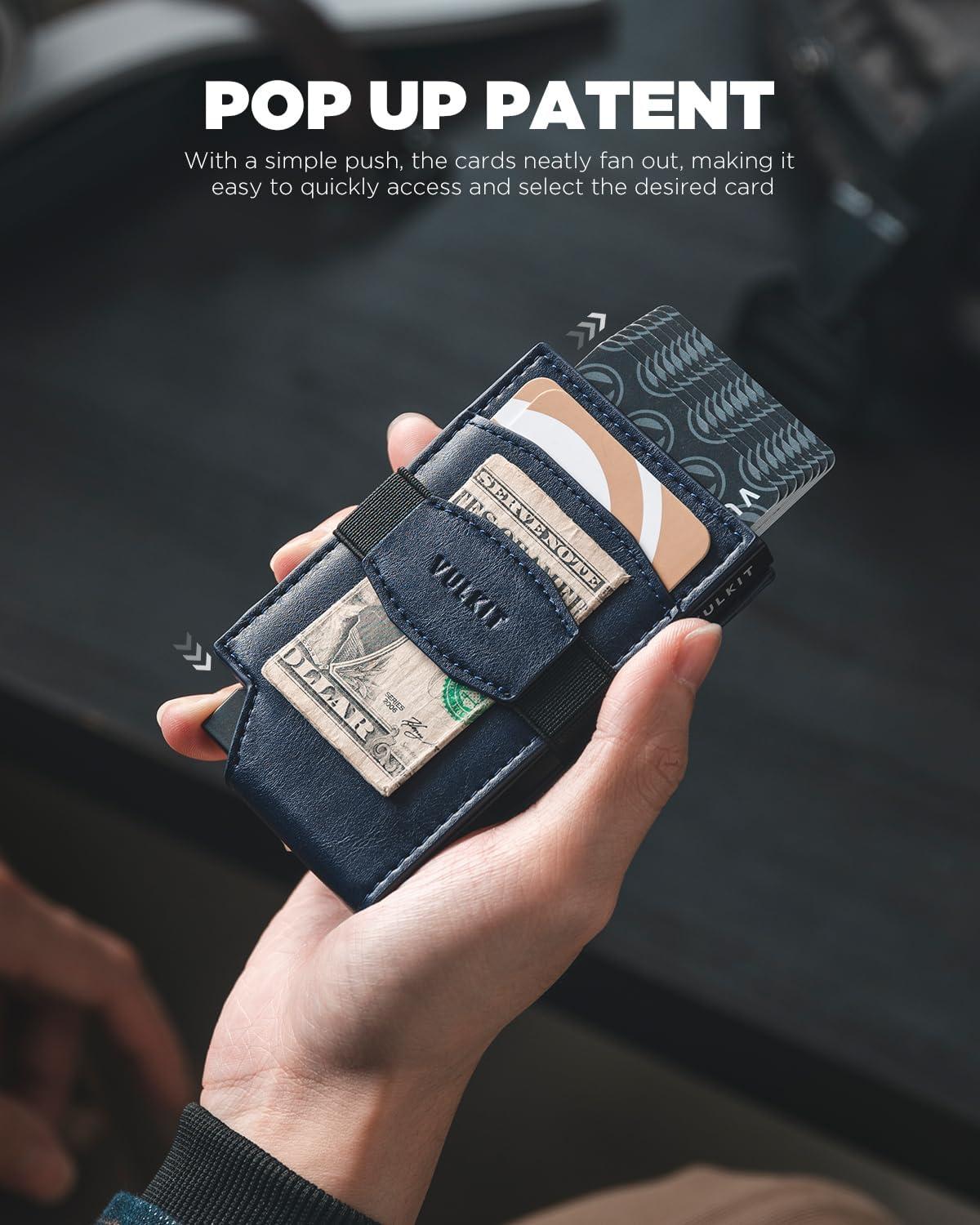 image:imageVULKIT Pop up Card Wallet with Money Strap Leather Front Pocket Card Holder with ID Window RFID Blocking Business Card Case for Men EspressoNavy