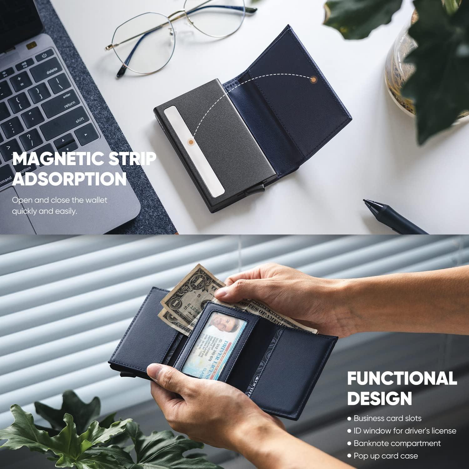 image:imageVULKIT Pop up Wallet RFID Blocking Leather Credit Card Wallet with Banknote Compartment ID Window amp Coin PocketTopgrain Cowhide Navy