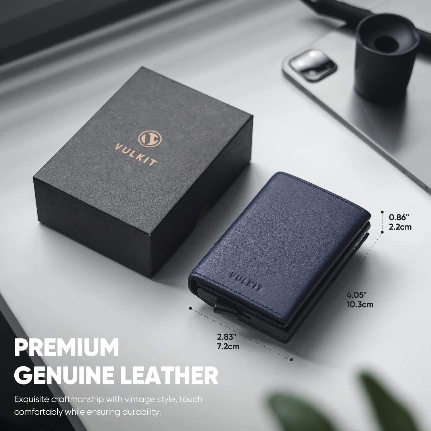 image:imageVULKIT Pop up Wallet RFID Blocking Leather Credit Card Wallet with Banknote Compartment ID Window amp Coin PocketTopgrain Cowhide Navy