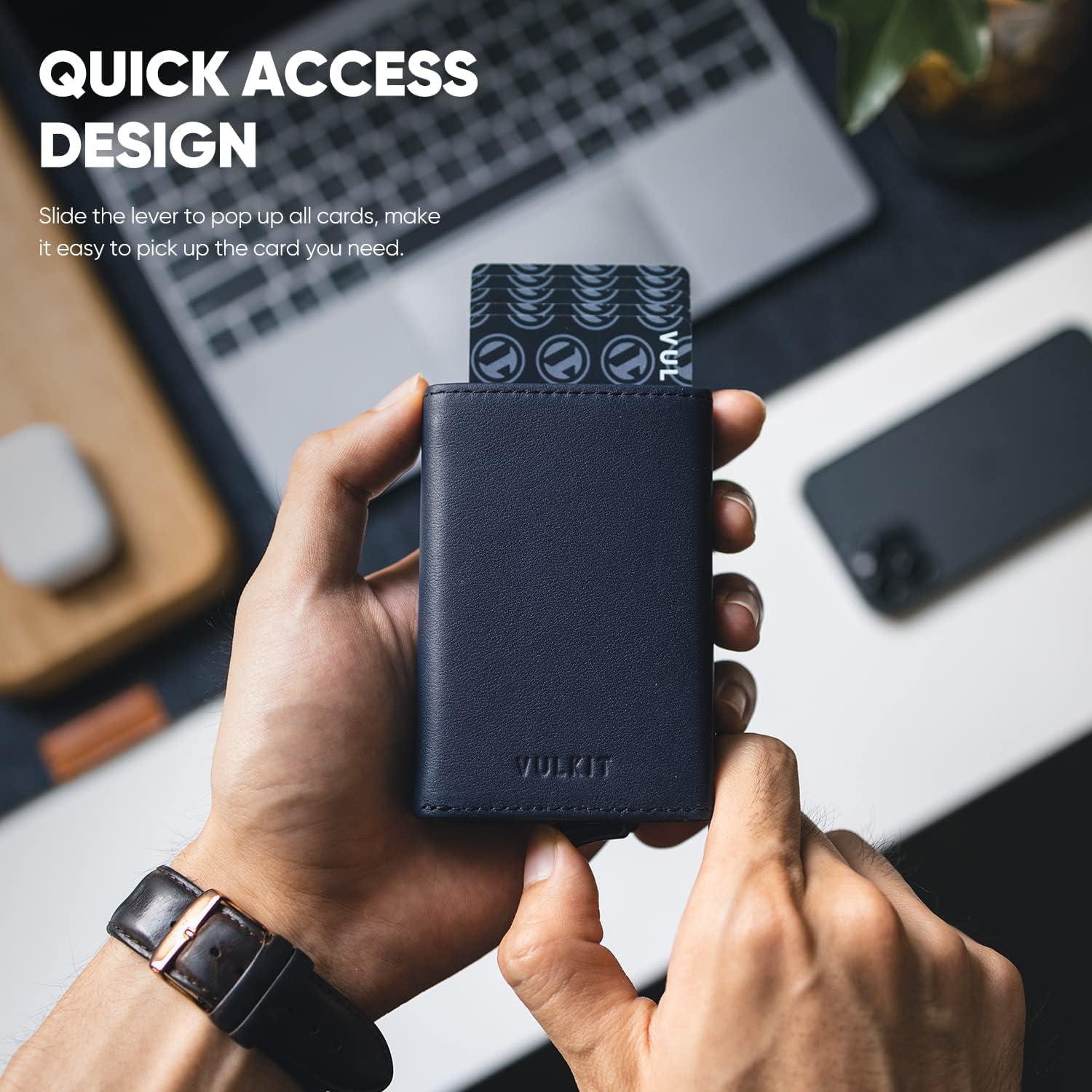 image:imageVULKIT Pop up Wallet RFID Blocking Leather Credit Card Wallet with Banknote Compartment ID Window amp Coin PocketTopgrain Cowhide Navy