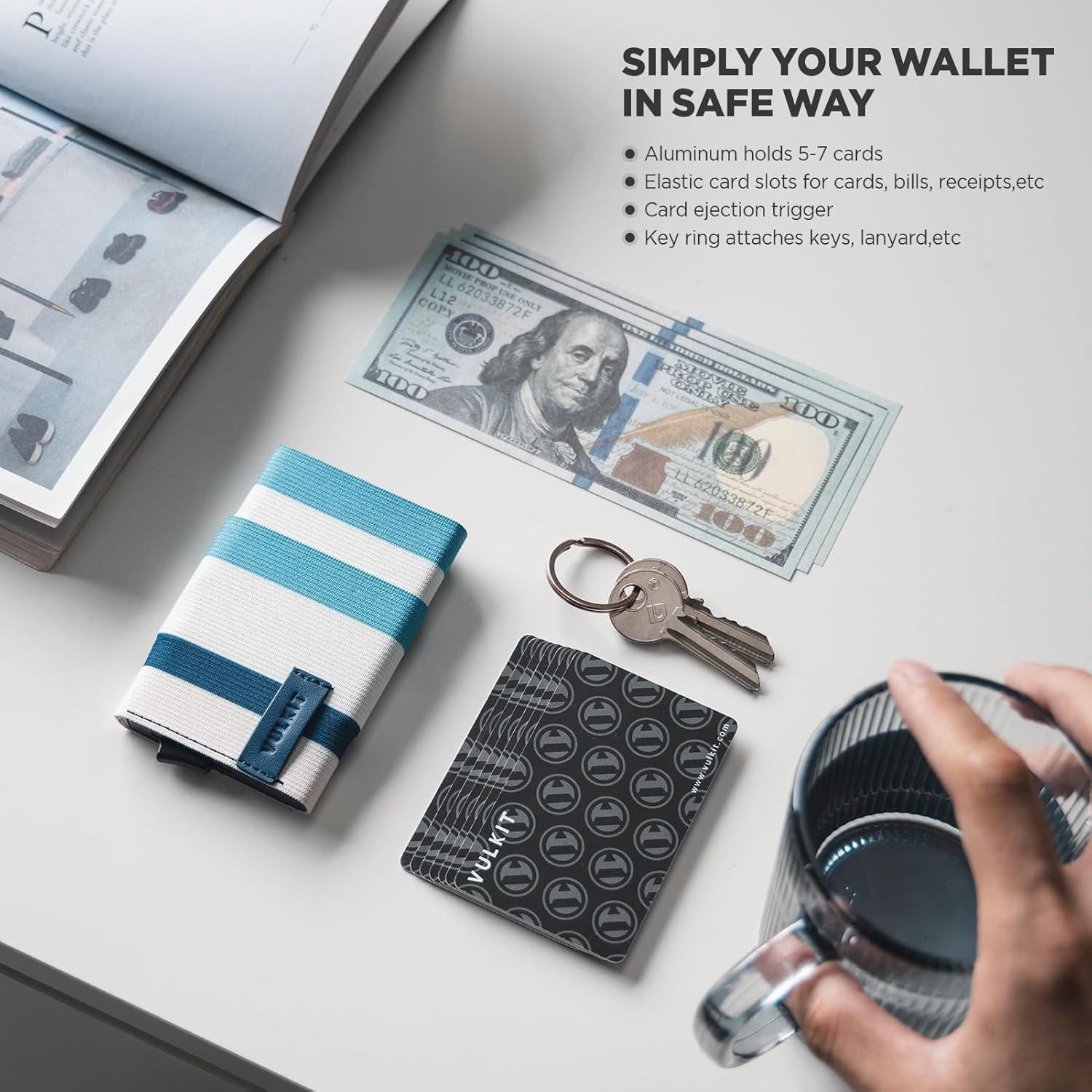 image:imageVULKIT Pop up Wallet for Women with Keychain RFID Blocking Minimalist Slim Credit Card Holder for Gift Leopard KhakiStripe Blue White