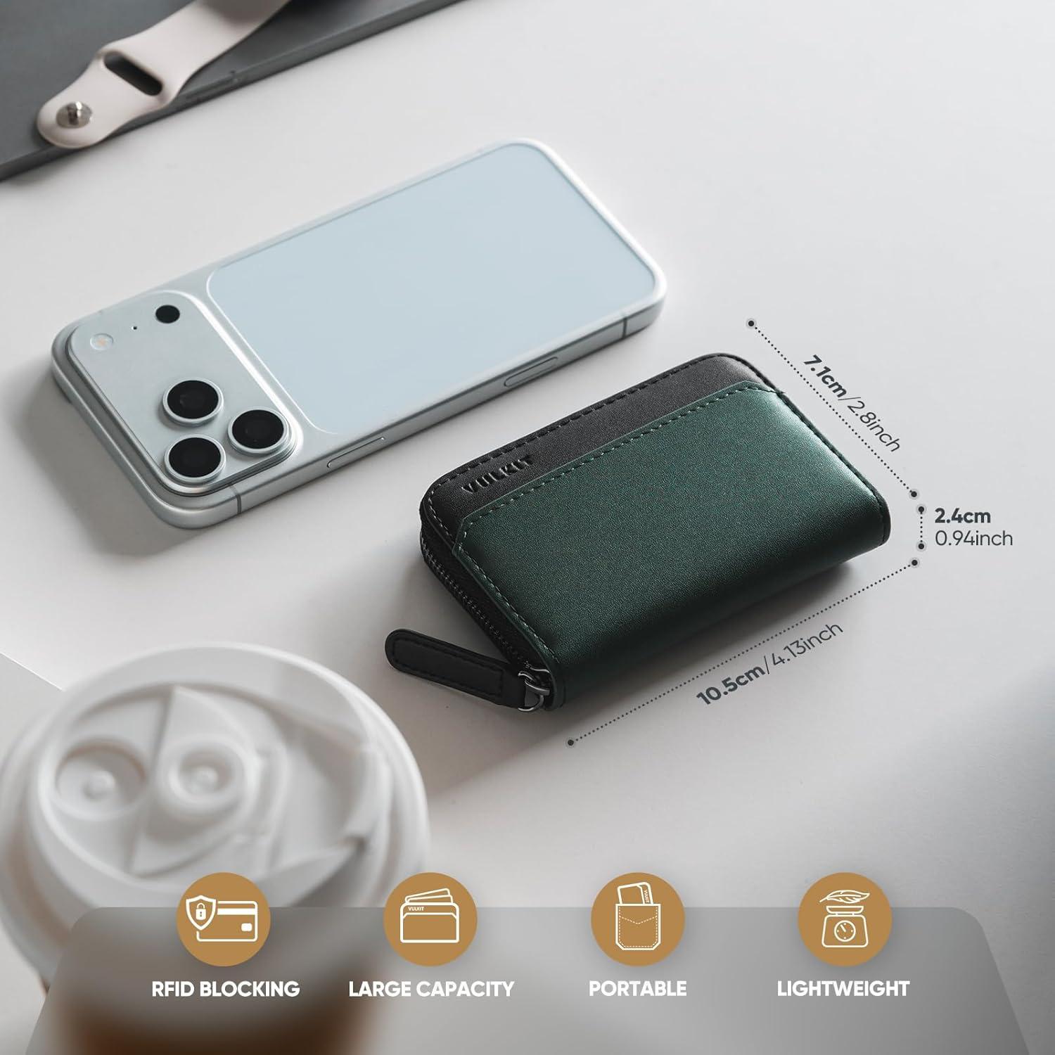 image:imageVULKIT RFID Blocking Credit Card Holder Leather Business Card Holder Case Minimalist Zipper Wallet Charcoal BluePine Green