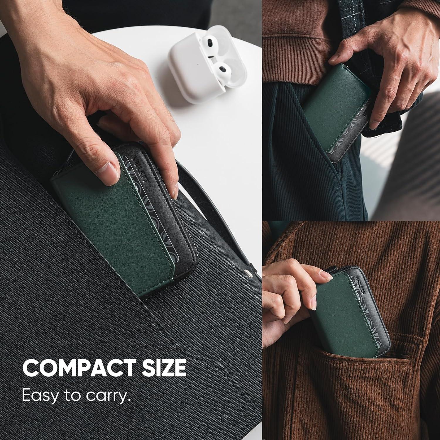 image:imageVULKIT RFID Blocking Credit Card Holder Leather Business Card Holder Case Minimalist Zipper Wallet Charcoal BluePine Green
