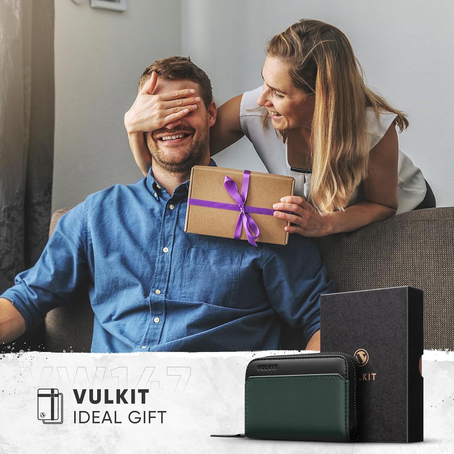 image:imageVULKIT RFID Blocking Credit Card Holder Leather Business Card Holder Case Minimalist Zipper Wallet Charcoal BluePine Green