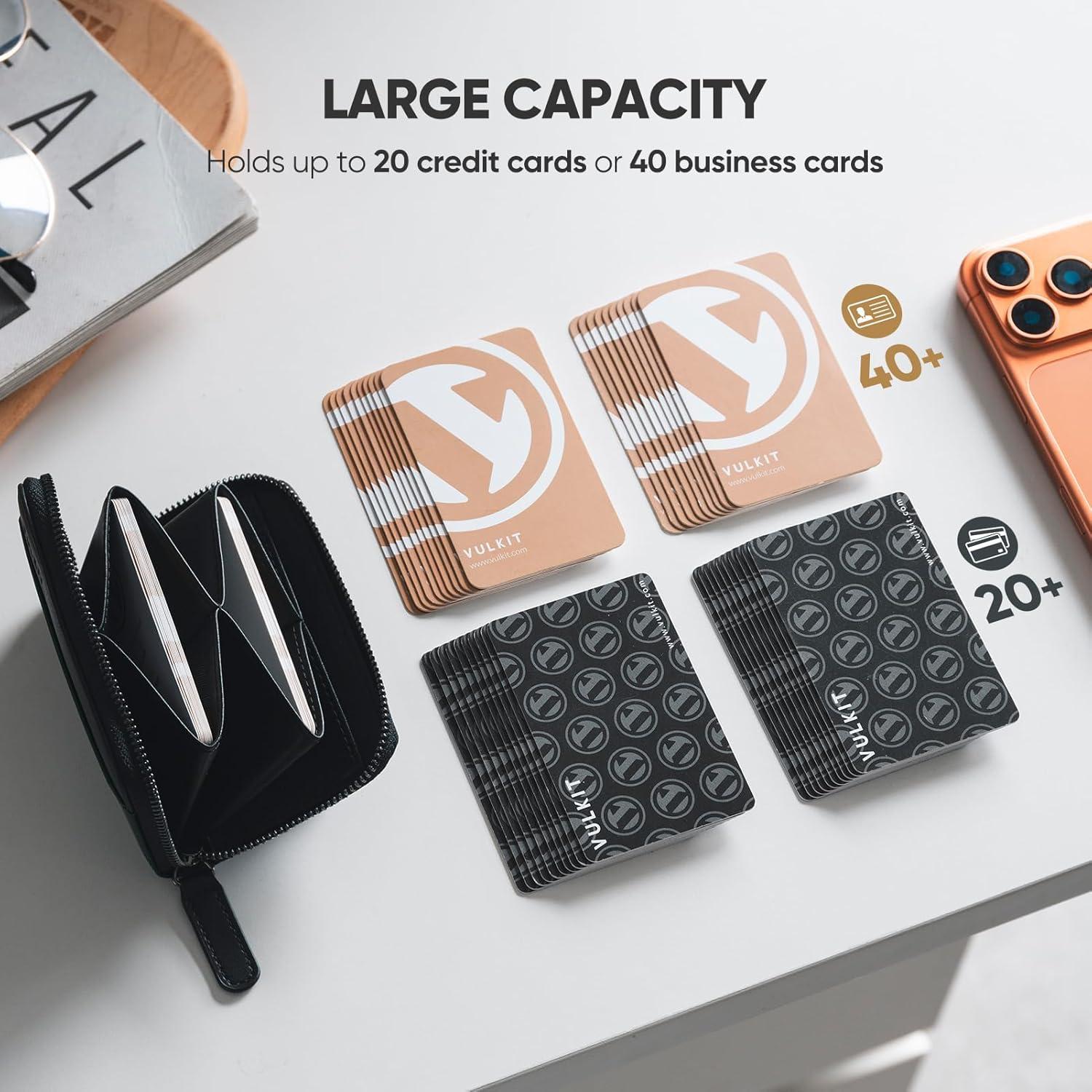 image:imageVULKIT RFID Blocking Credit Card Holder Leather Business Card Holder Case Minimalist Zipper Wallet Charcoal BluePine Green