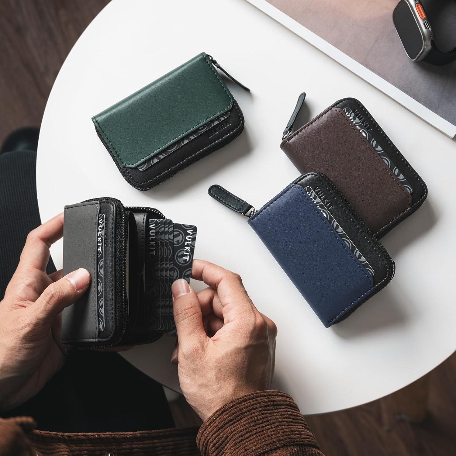 image:imageVULKIT RFID Blocking Credit Card Holder Leather Business Card Holder Case Minimalist Zipper Wallet Charcoal BluePine Green