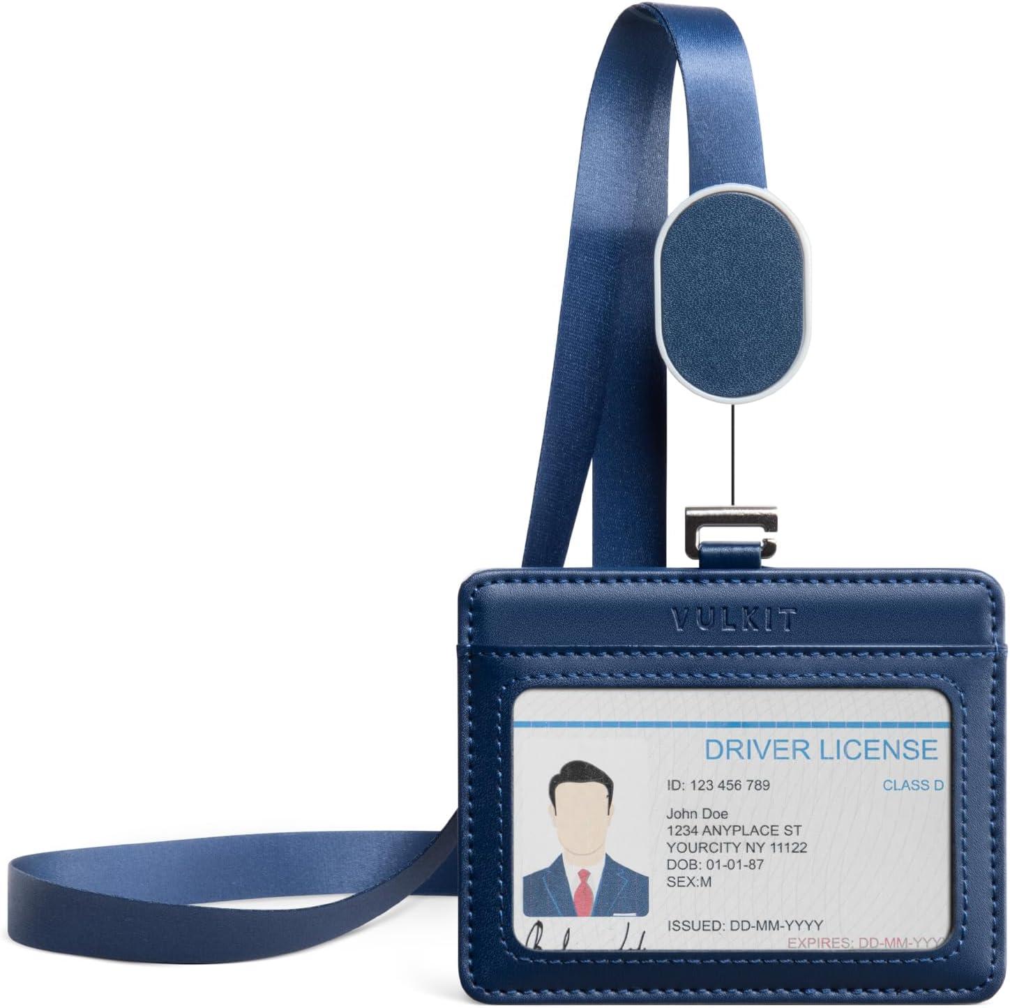 image:imageVULKIT Retractable Lanyard with Card Holder Vertical ID Badge Holder for Men or Women Bus Pass Holder ID Card Holders BrownBlue