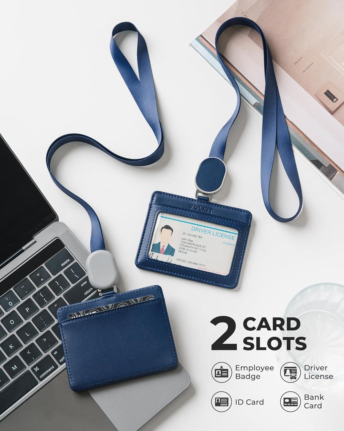 image:imageVULKIT Retractable Lanyard with Card Holder Vertical ID Badge Holder for Men or Women Bus Pass Holder ID Card Holders BrownBlue