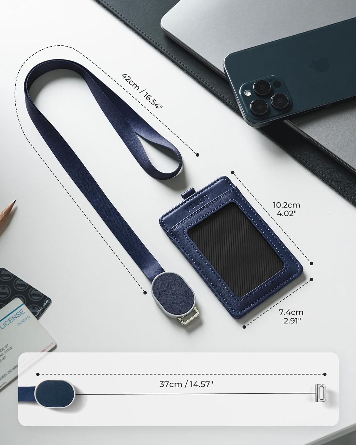 image:imageVULKIT Retractable Lanyard with Card Holder Vertical ID Badge Holder for Men or Women Bus Pass Holder ID Card Holders BrownBlue