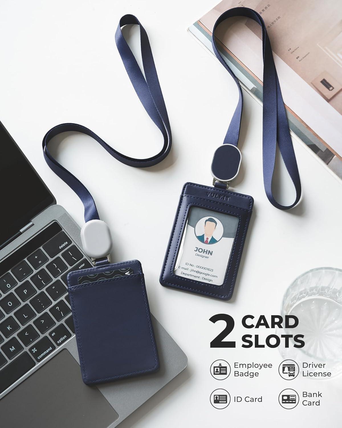 image:imageVULKIT Retractable Lanyard with Card Holder Vertical ID Badge Holder for Men or Women Bus Pass Holder ID Card Holders BrownBlue