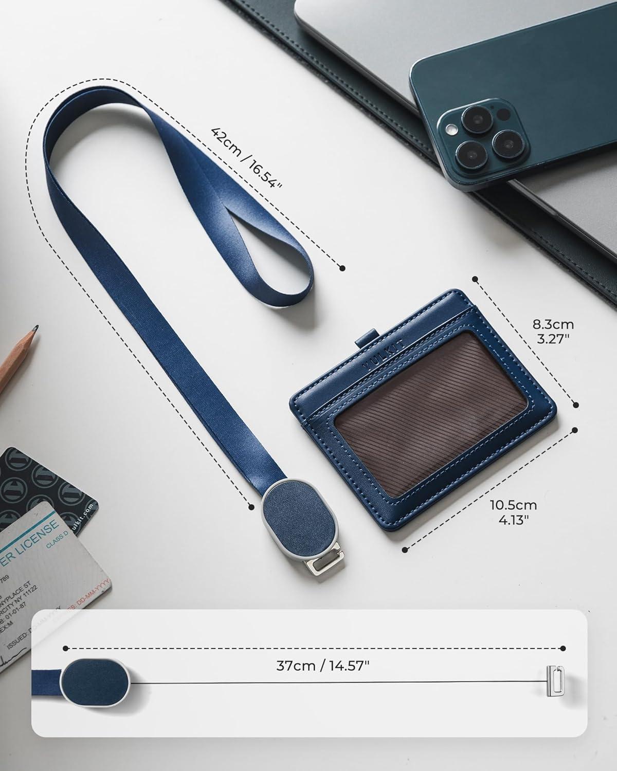 image:imageVULKIT Retractable Lanyard with Card Holder Vertical ID Badge Holder for Men or Women Bus Pass Holder ID Card Holders BrownBlue