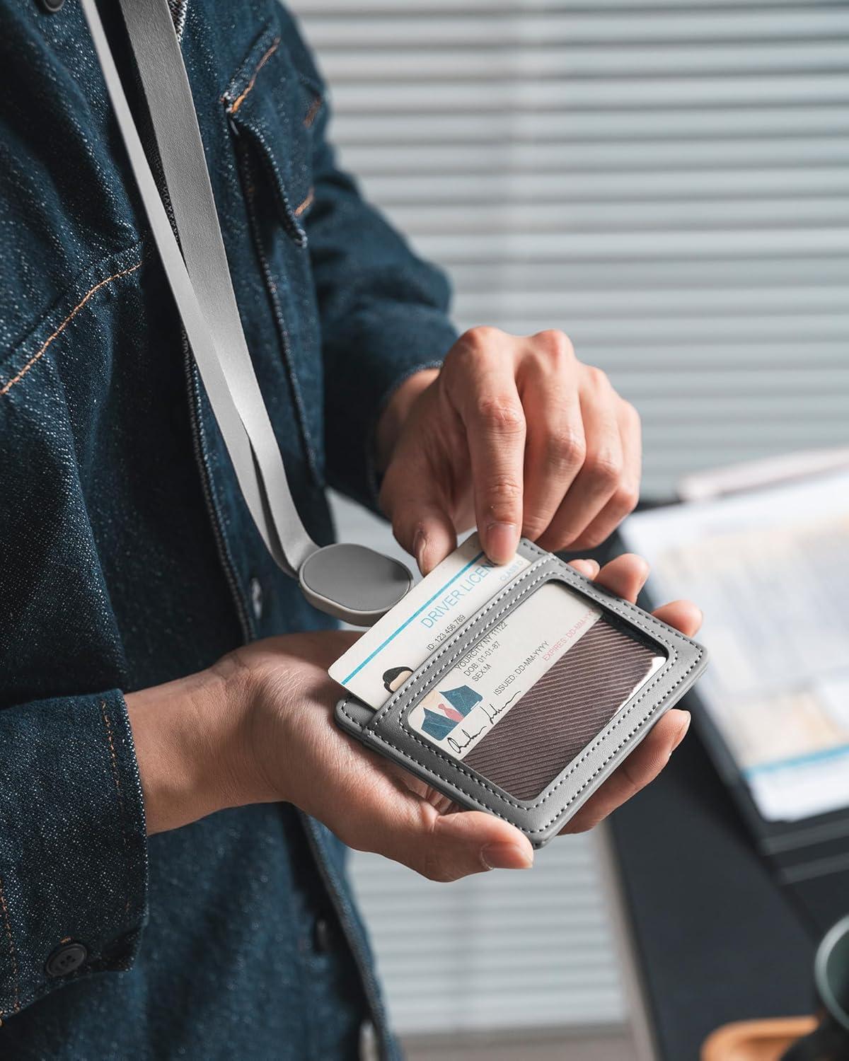 image:imageVULKIT Retractable Lanyard with Card Holder Vertical ID Badge Holder for Men or Women Bus Pass Holder ID Card Holders BrownGrey