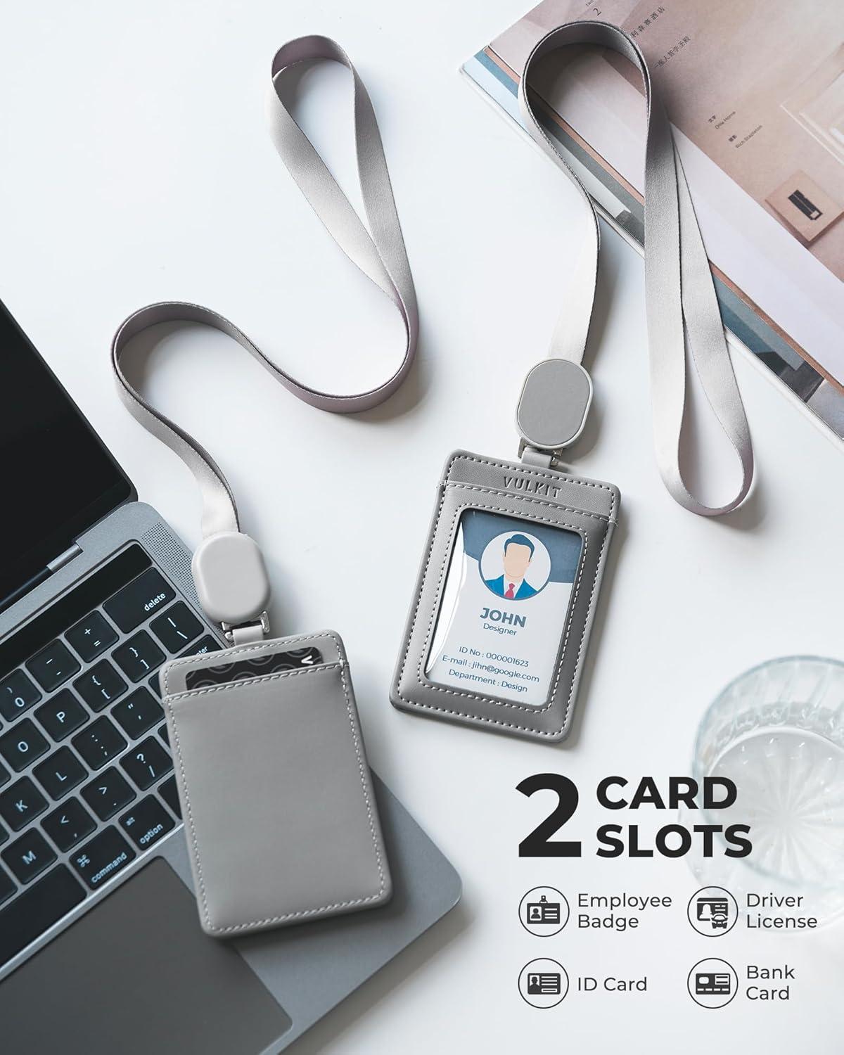 image:imageVULKIT Retractable Lanyard with Card Holder Vertical ID Badge Holder for Men or Women Bus Pass Holder ID Card Holders BrownGrey
