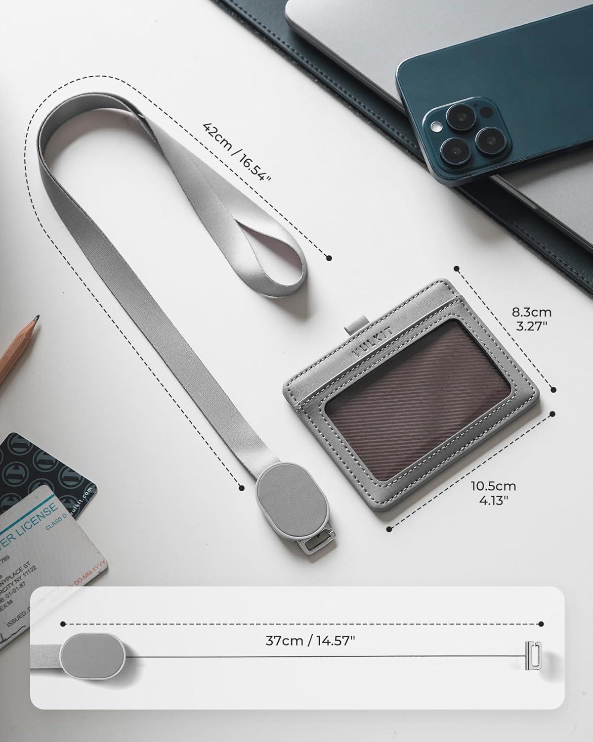 image:imageVULKIT Retractable Lanyard with Card Holder Vertical ID Badge Holder for Men or Women Bus Pass Holder ID Card Holders BrownGrey