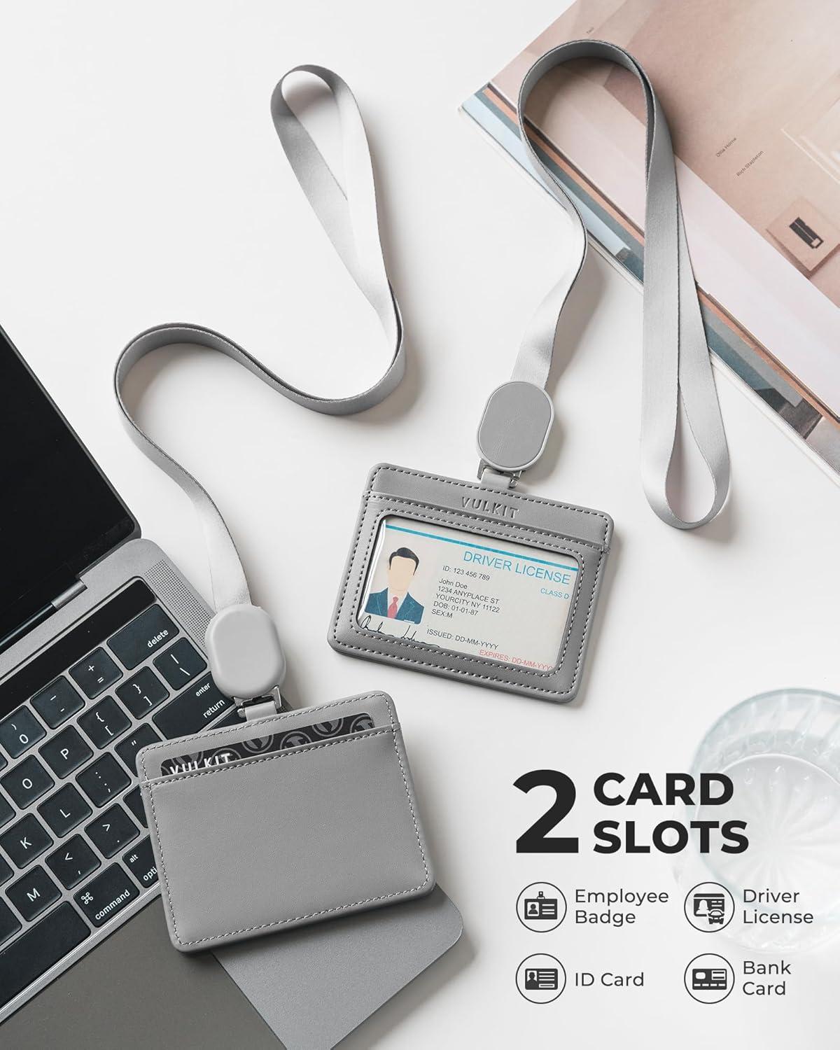 image:imageVULKIT Retractable Lanyard with Card Holder Vertical ID Badge Holder for Men or Women Bus Pass Holder ID Card Holders BrownGrey