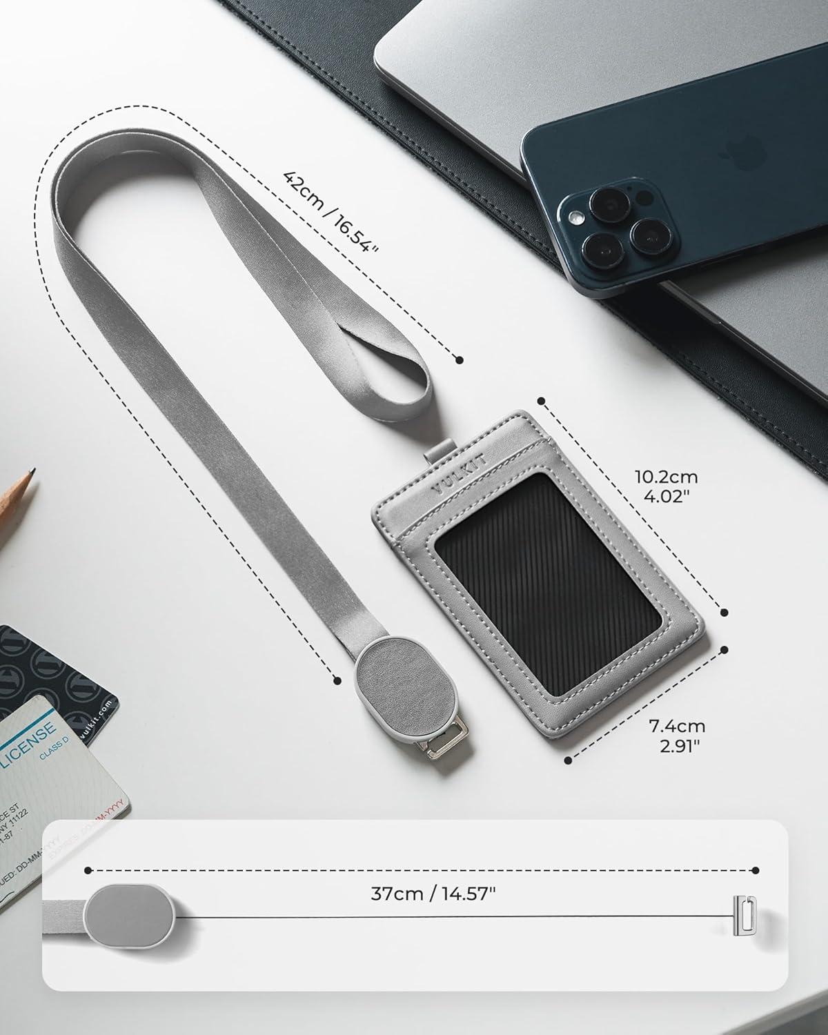 image:imageVULKIT Retractable Lanyard with Card Holder Vertical ID Badge Holder for Men or Women Bus Pass Holder ID Card Holders BrownGrey