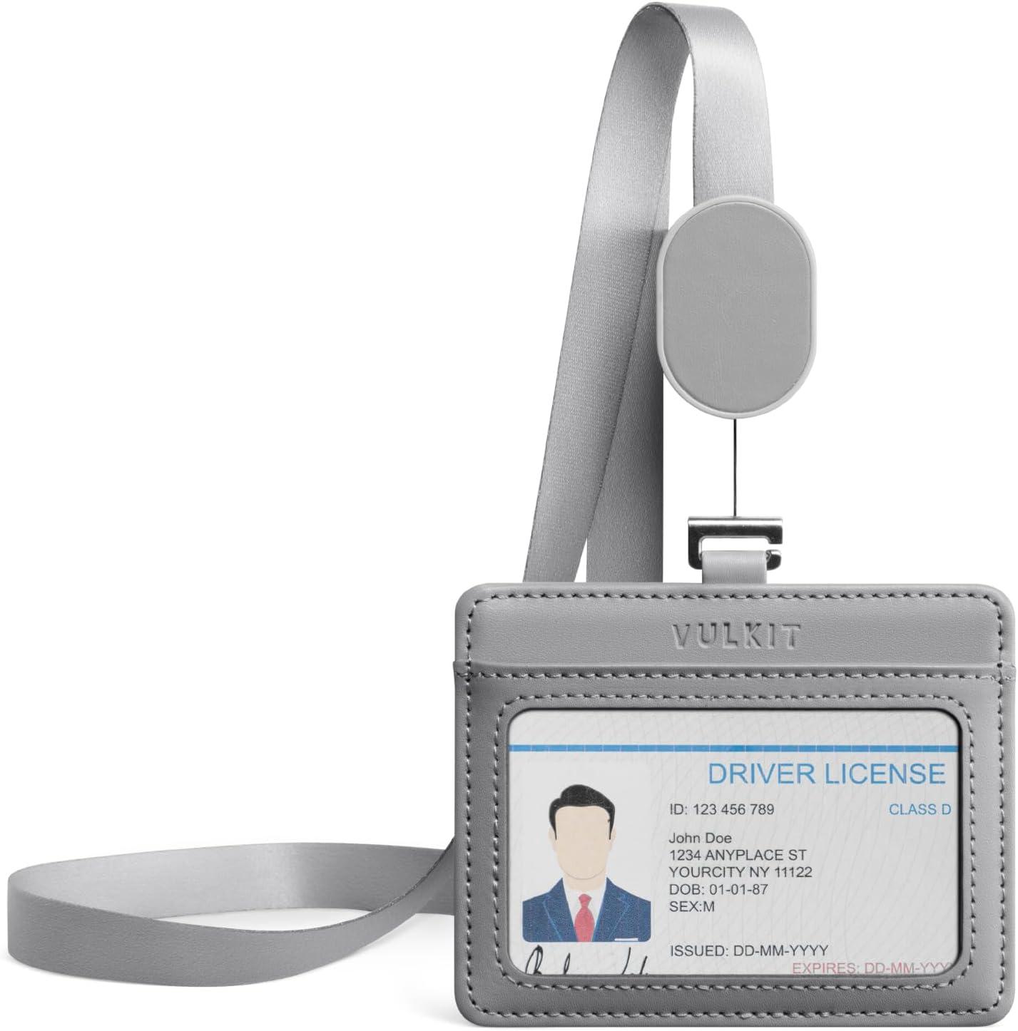 image:imageVULKIT Retractable Lanyard with Card Holder Vertical ID Badge Holder for Men or Women Bus Pass Holder ID Card Holders BrownGrey
