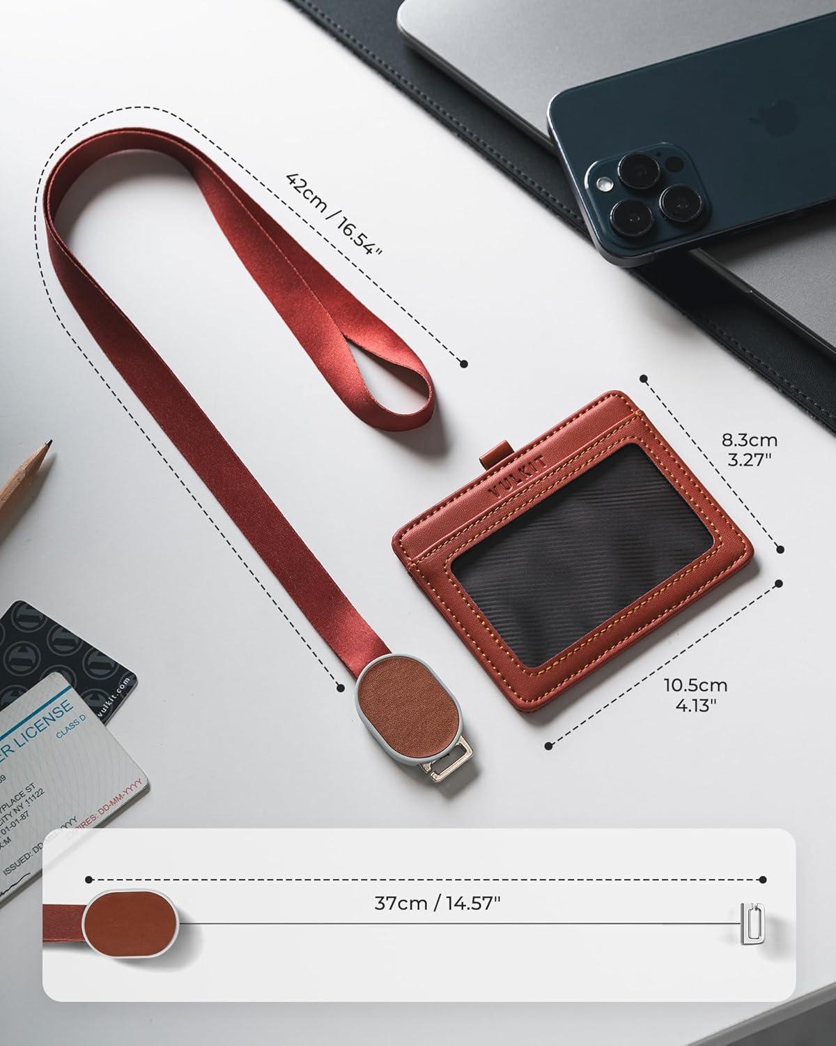 image:imageVULKIT Retractable Lanyard with Card Holder Vertical ID Badge Holder for Men or Women Bus Pass Holder ID Card Holders BrownRed