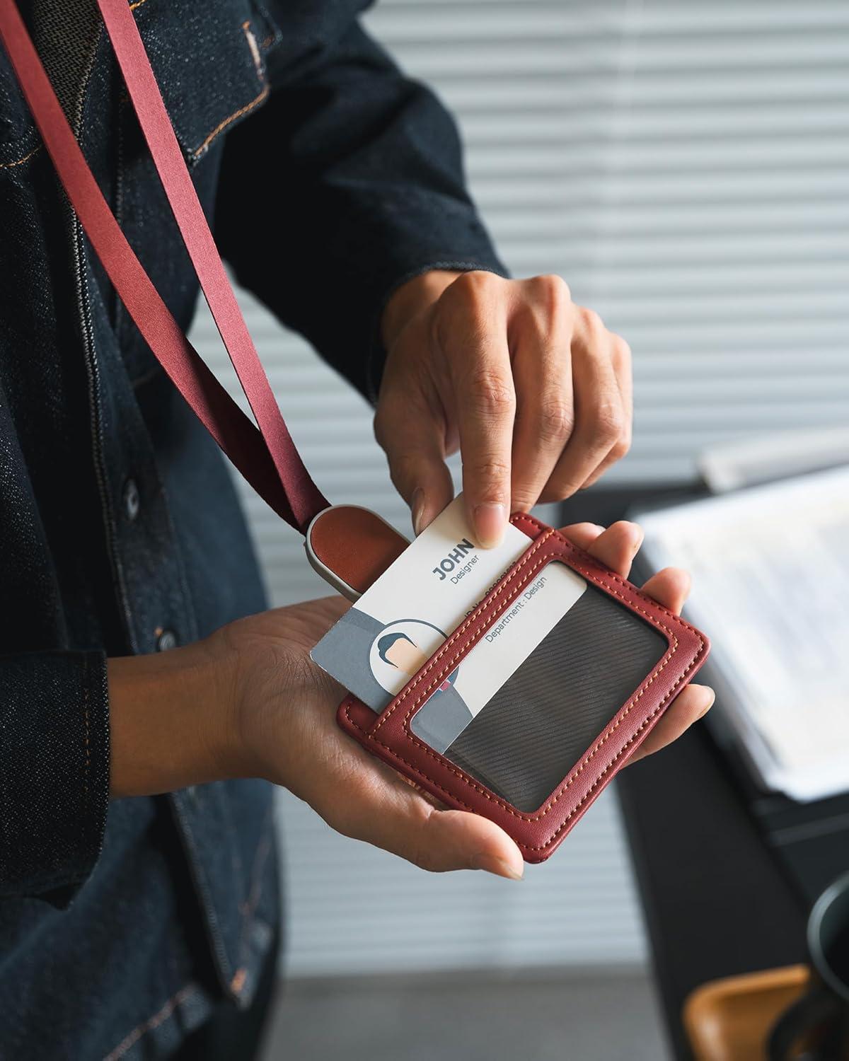 image:imageVULKIT Retractable Lanyard with Card Holder Vertical ID Badge Holder for Men or Women Bus Pass Holder ID Card Holders BrownRed