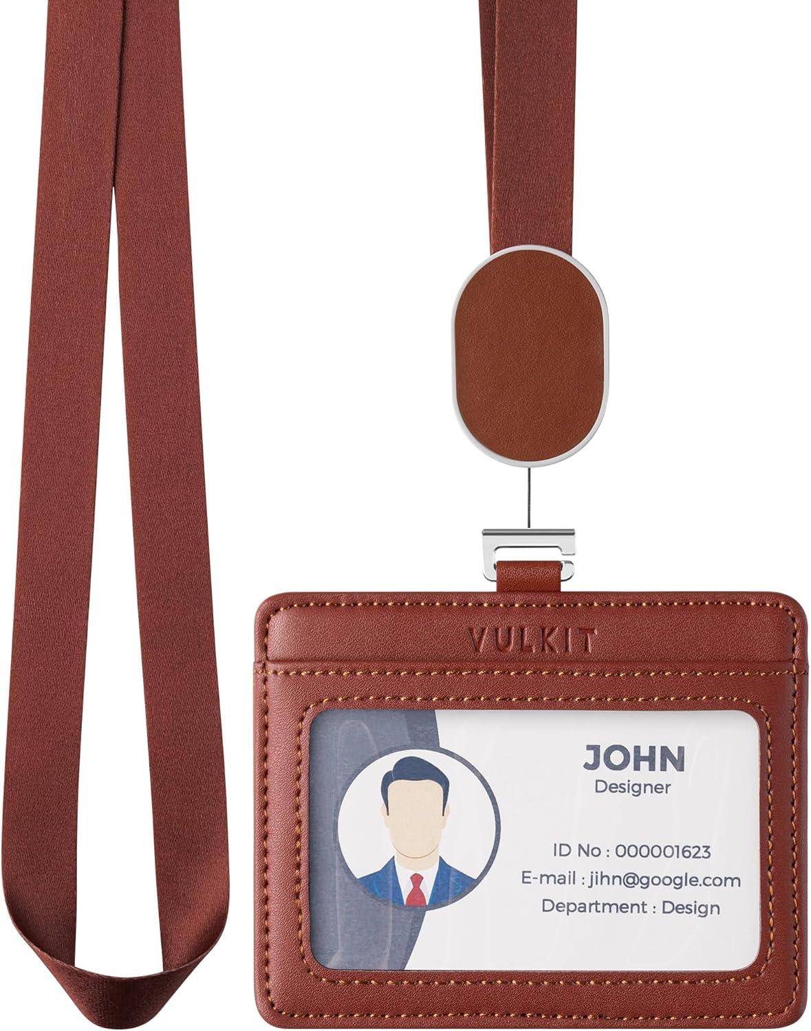 image:imageVULKIT Retractable Lanyard with Card Holder Vertical ID Badge Holder for Men or Women Bus Pass Holder ID Card Holders BrownRed