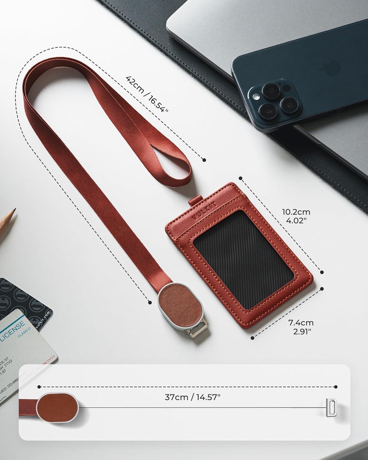 image:imageVULKIT Retractable Lanyard with Card Holder Vertical ID Badge Holder for Men or Women Bus Pass Holder ID Card Holders BrownRed