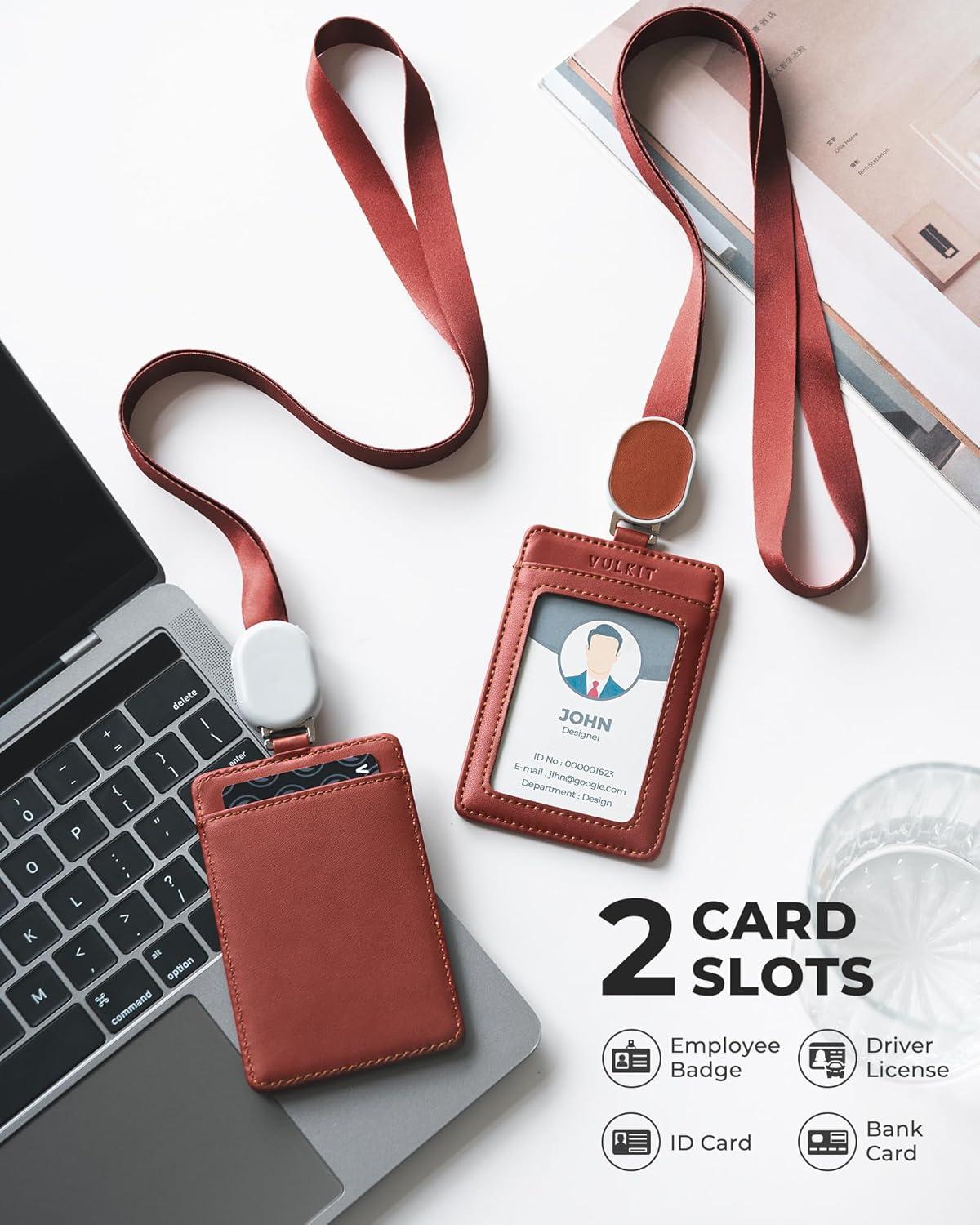 image:imageVULKIT Retractable Lanyard with Card Holder Vertical ID Badge Holder for Men or Women Bus Pass Holder ID Card Holders BrownRed