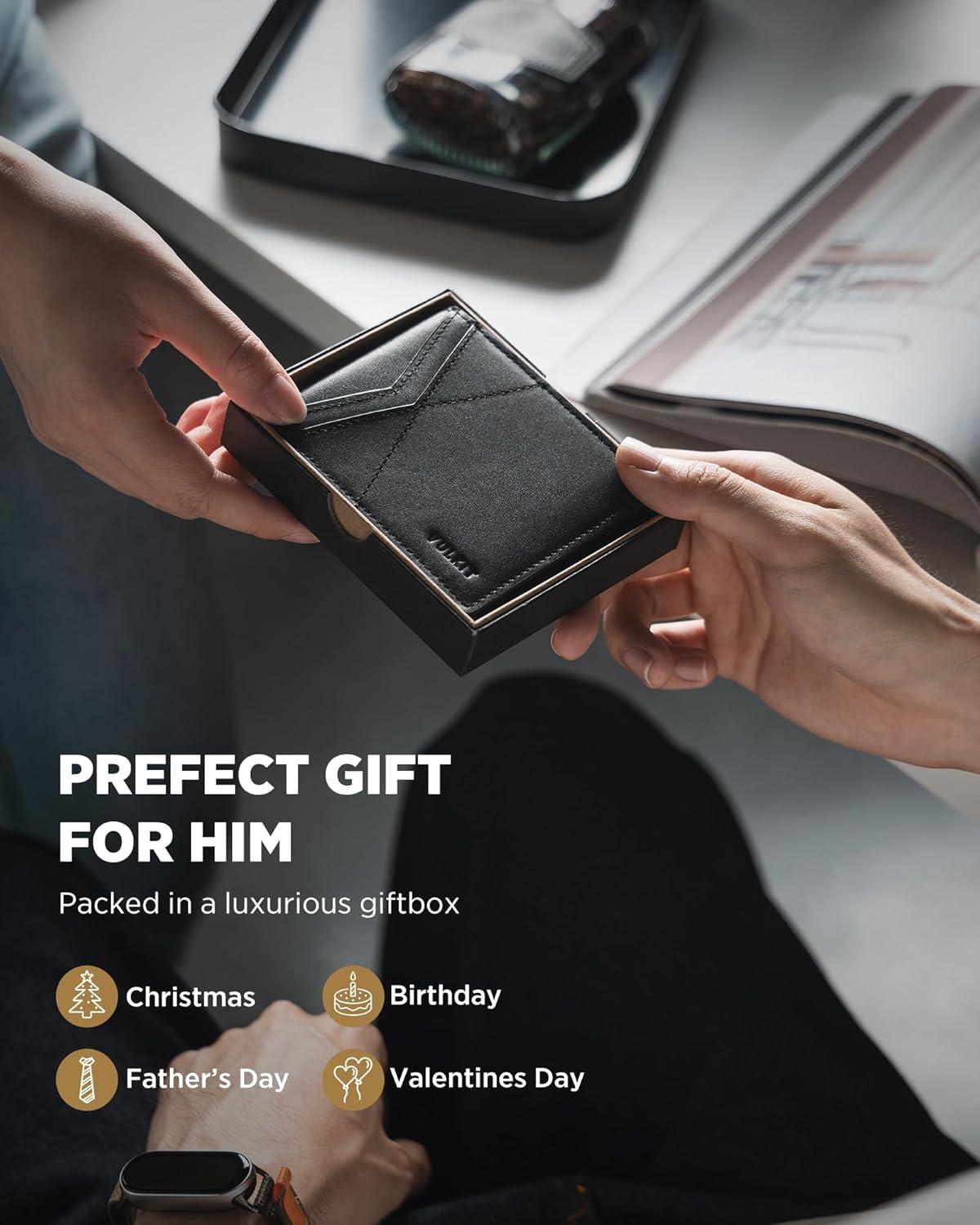 image:imageVULKIT Slim Leather Wallet for Men RFID Blocking Minimalist Bifold Wallet with Multiple Card Slots Cash Compartment Zipper Coin Pocket Gift Box Packed