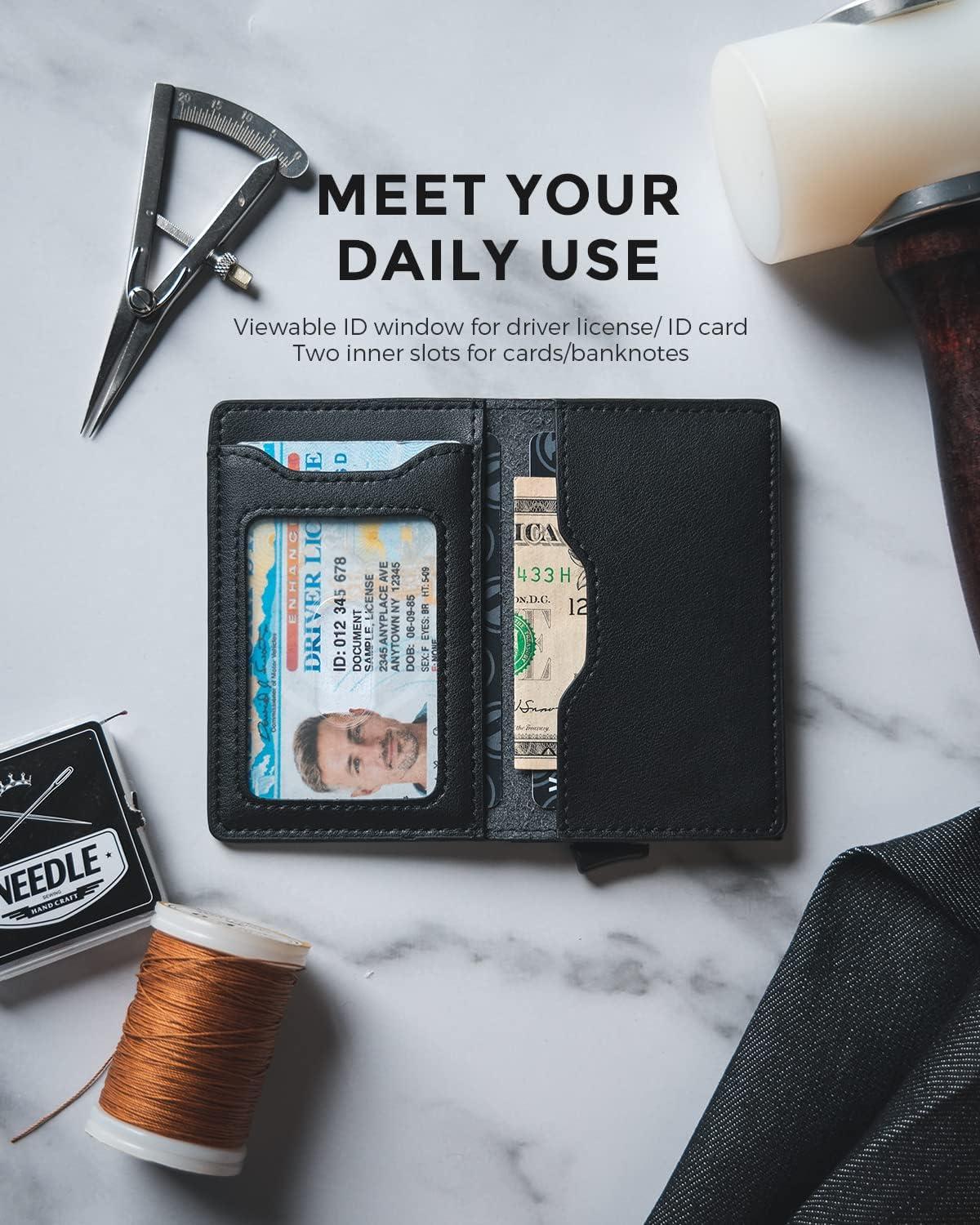image:imageVULKIT Slim Pop up Wallet for Women Minimalist Credit Card Holder with Leather Slots Mens Bifold RFID Blocking Metal WalletsBlack
